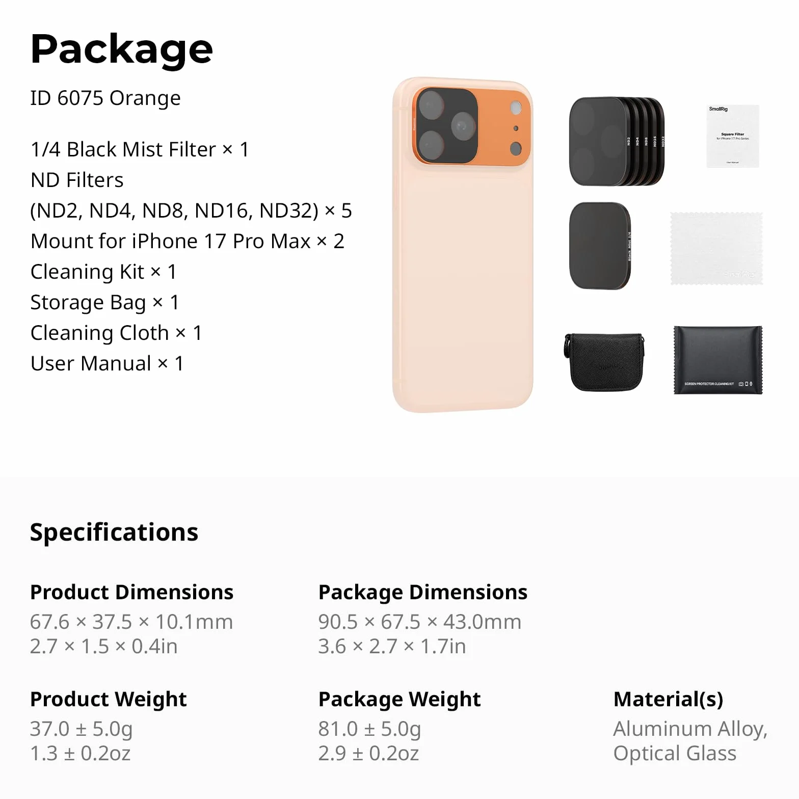 SMALLRIG Kit di Filtri ND e Black Mist per iPhone 17 Pro Max, Filtri Magnetici per Obiettivo con Base di Montaggio, Filtro Diffusore 1/4"/ND2/ND4/ND8/ND16/ND32, Confezione da 6, Arancione - 6075