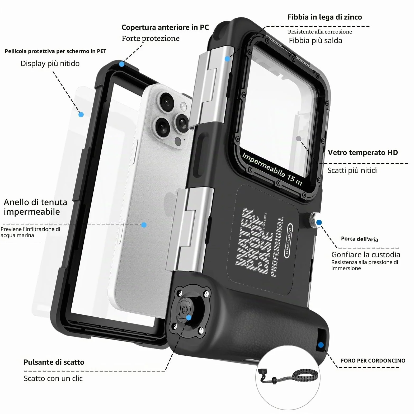 Custodia subacquea impermeabile per snorkeling e immersioni per iPhone 16/15/14/13/12/11 Pro Max 15m/50ft Custodia impermeabile professionale per immersioni subacquee Custodia per foto e