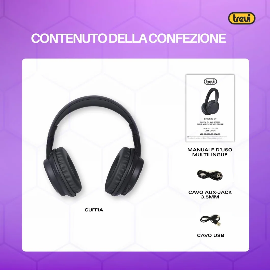 Trevi DJ 12E35 BT Cuffie Wireless Over Ear, Stereo HiFi con Microfono, 8h Autonomia, Comandi su Padiglione, Pieghevoli e Leggere, Compatibili con iOS e Android, per Viaggio, PC, Telefono e Ufficio