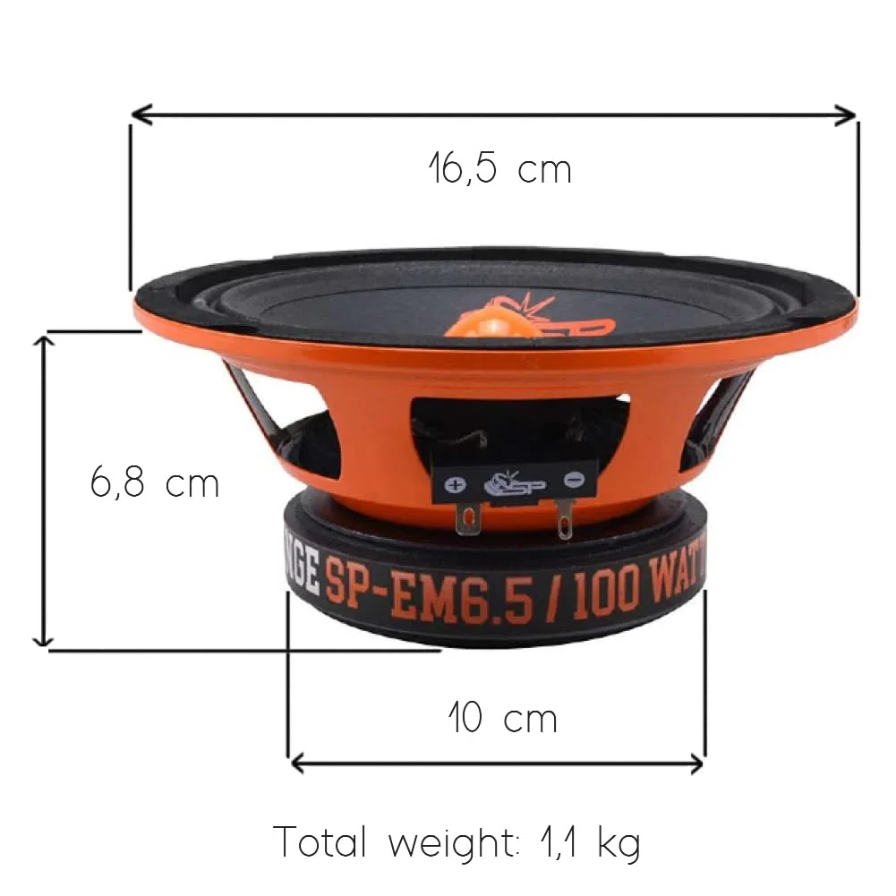 SP Audio 2 SP-EM6.5 diffusori midrange da 16,5 cm 165 mm 6,5" di diametro, 100 watt rms 200 watt max, impedenza 4 ohm, sensibilità 95 db, portiere, sportelli, auto, a coppia