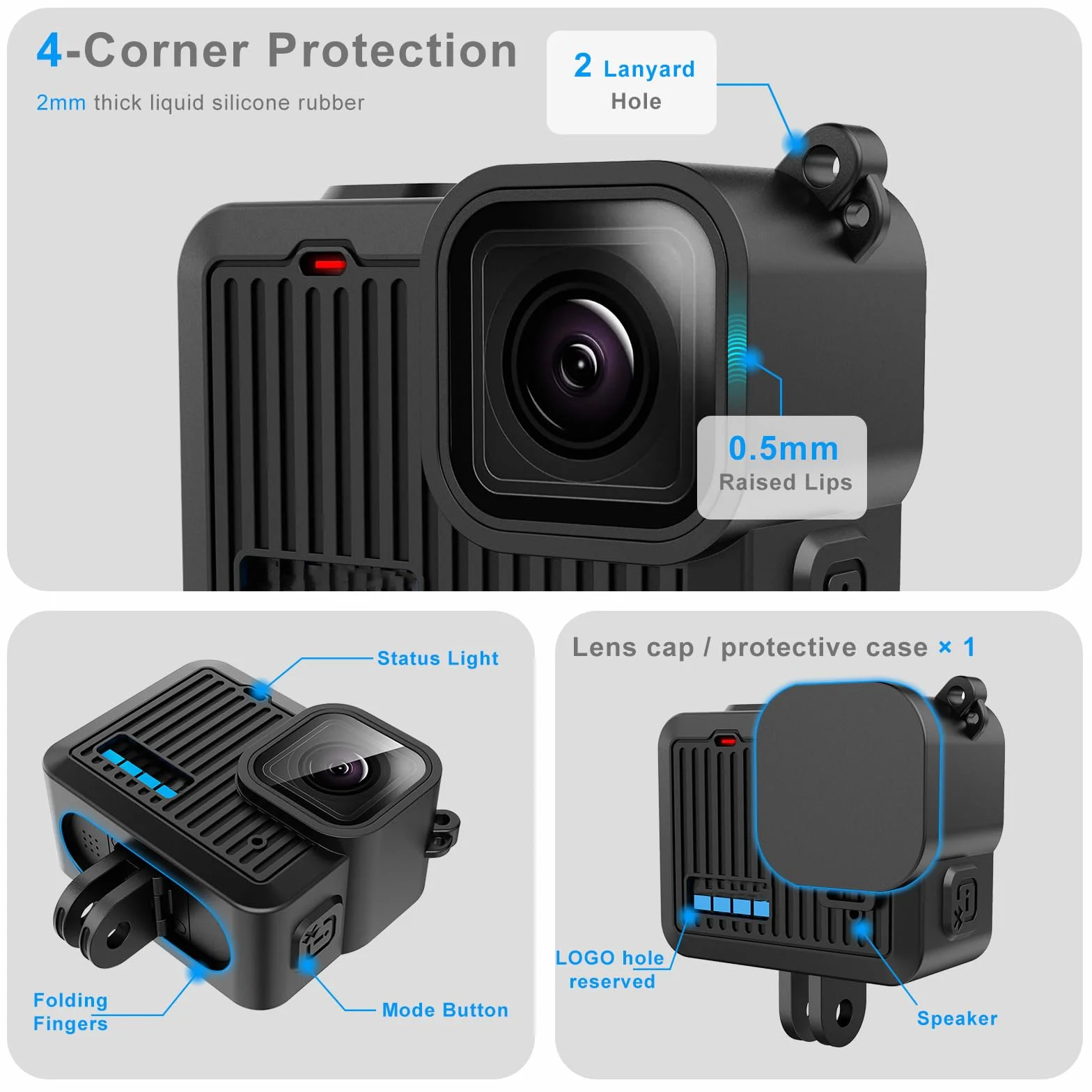 FiTSTILL Custodia in poliuretano con custodia in silicone con protezione in gomma per GoPro Hero 4K, sostituisce la copertura laterale della batteria, copriobiettivo, cordino e pellicole protettive