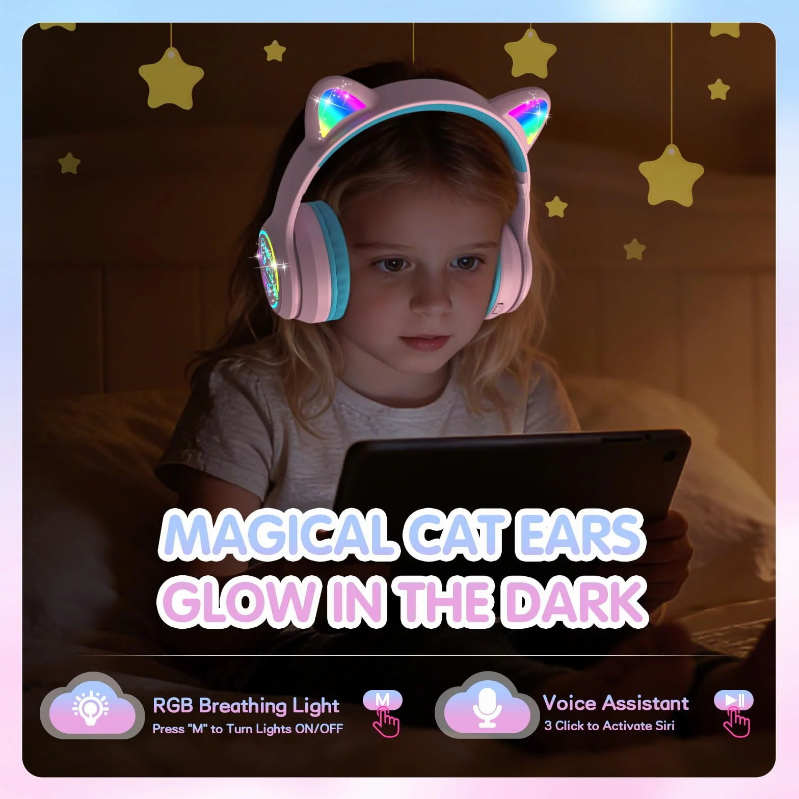 IFECCO Cuffie Bluetooth per bambini senza fili con custodia – Cuffie over-ear con luci LED, orecchie da gatto, limitazione del volume a 85 dBA, microfono integrato, compatibili con iPad/tablet/scuola