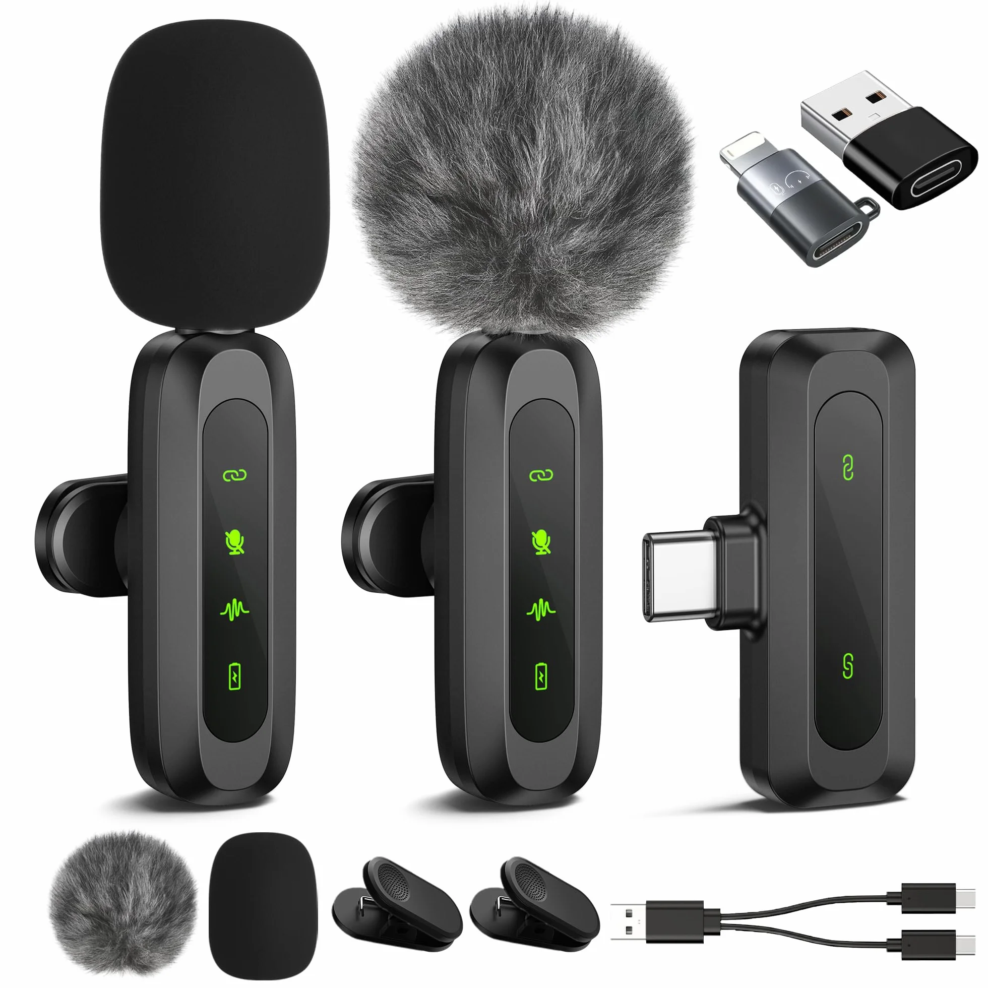 Microfono Lavalier Wireless per iPhone/Android/PC (Lightning/USBC/USB A), 2 Pack LED Display Mini Microfono Bluetooth con Mute/Reverb/Riduzione del Rumore per YouTube/Vlog (USBC+Lightning)