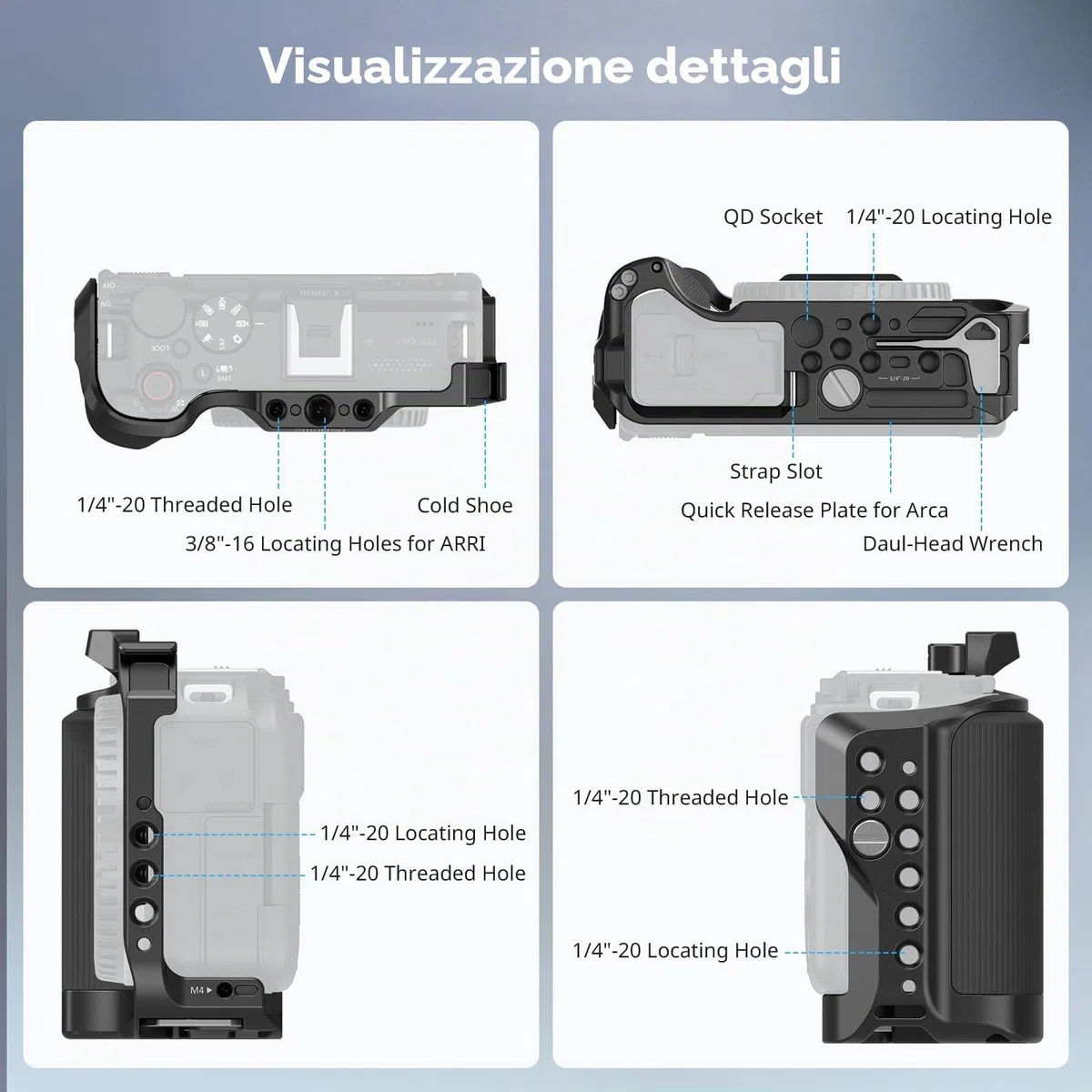 SMALLRIG Gabbia per fotocamera R50 V per Canon R50 V, impugnatura ergonomica in silicone, piastra a sgancio rapido per arca, foro filettato da 1/4"-20, fori da 3/8"-16 per ARRI, flash (nero) - 5427
