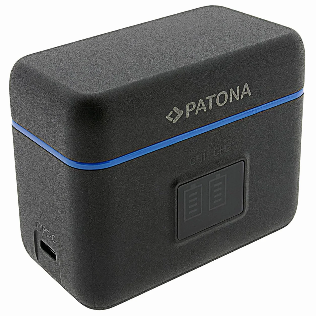 PATONA Caricabatterie doppio per Insta360 X5 batteria CINSBAHA – USB-C Scatola portaoggetti per 2 batterie e microSD, ingresso 5V 3A, cavo USB-C compatibile con action cam, compatto e leggero