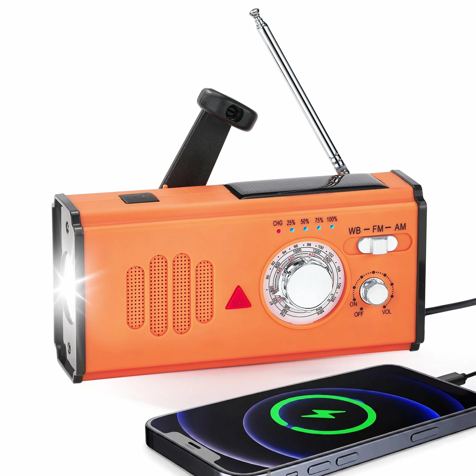 Radio a Manovella di Emergenza con Power Bank 4000mAh, Radio Solare Portatile AM/FM/WB, Torcia LED e Allarme SOS per Campeggio