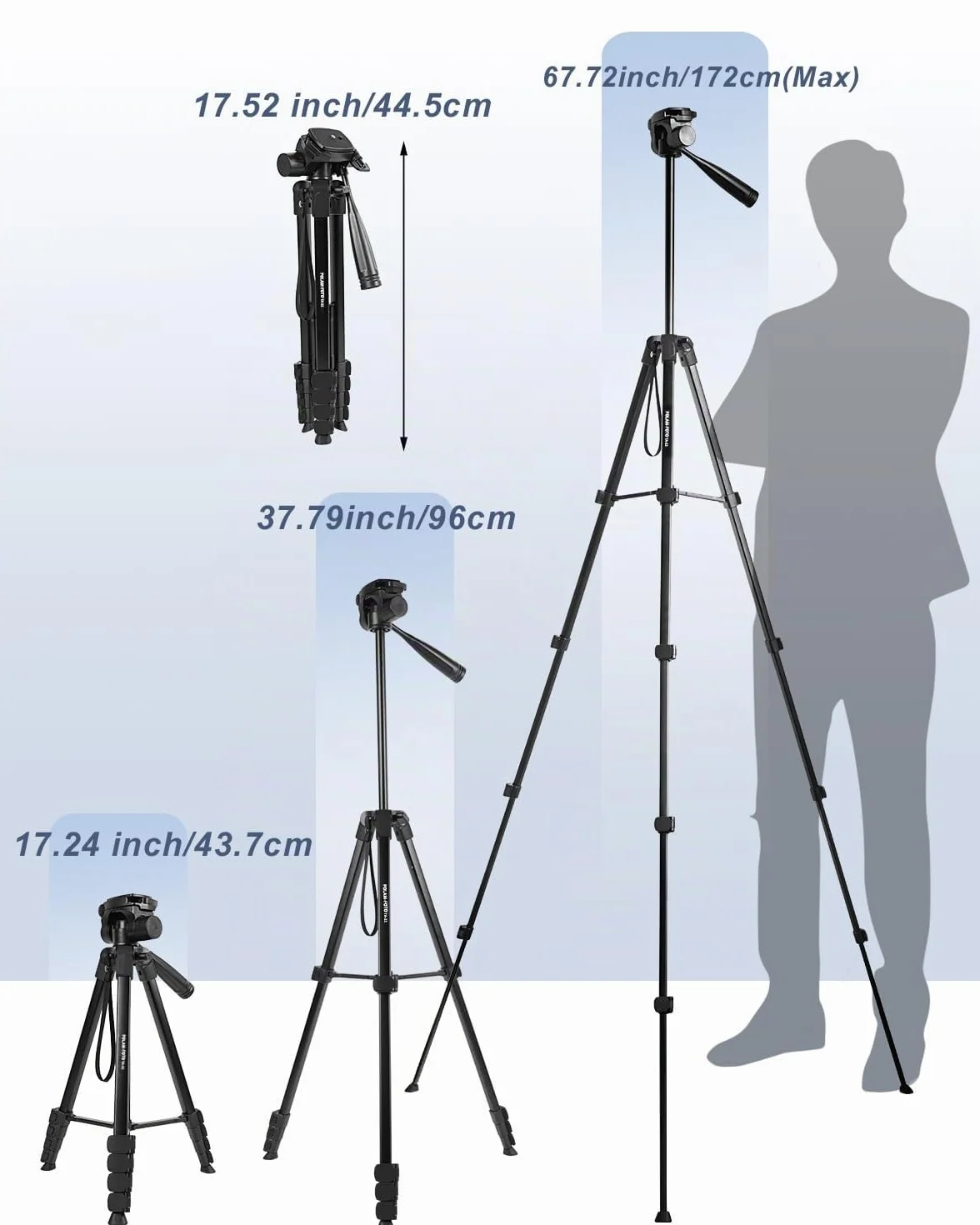 POLAM-FOTO 172 cm Treppiede leggero per smartphone, treppiede in alluminio, con testa panoramica a 3 vie e supporto per cellulare, adatto per smartphone e fotocamere DSLR, nero