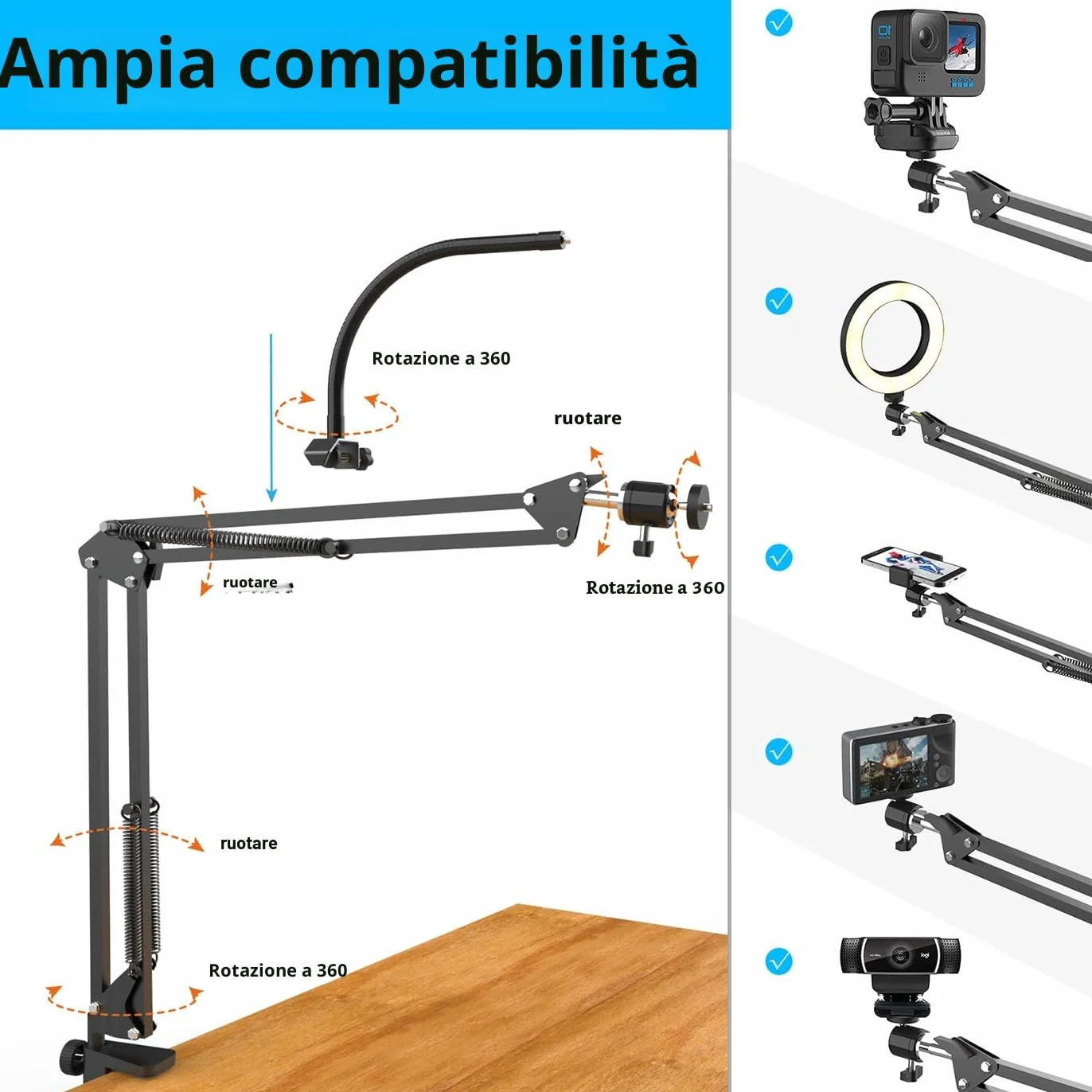 Overhead Treppiede cellulare con luce, braccio flessibile da tavolo con luce, supporto flessibile per fotocamera da tavolo per registrazione video YouTube Live Stream