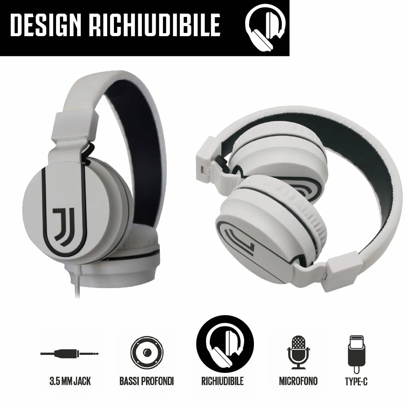 TECHMADE Juventus Football Cuffia microfono incluso |ON-EAR |con filo cavo aux | Bianco/Nero | con adattatore usb-c (+ SPEAKER)