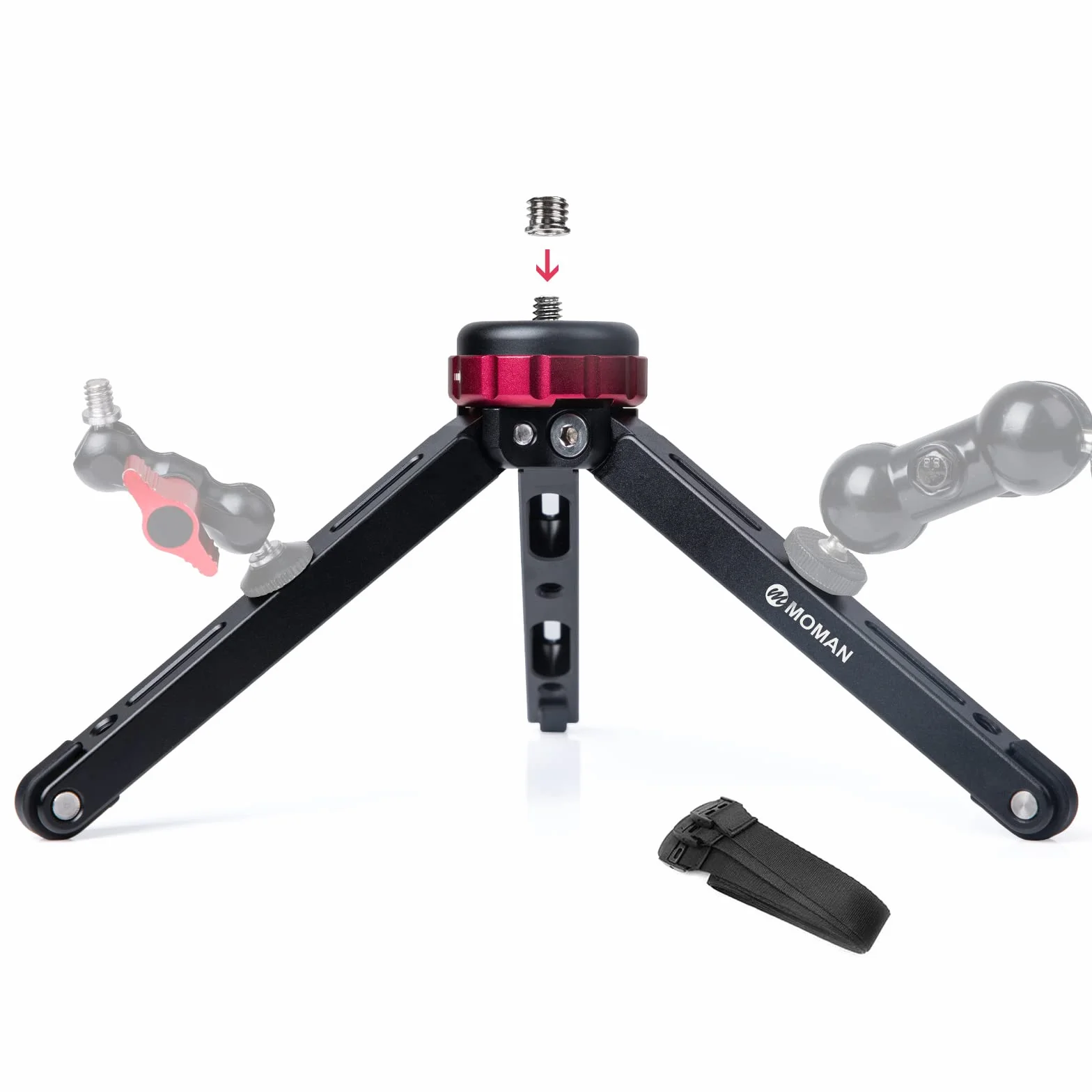 Moman Mini Treppiedi, TR01 Tavolo Treppiedi Piccolocon Attacco a Vite 1/4 e 3/8 Mirrorless con Carico Massimo di 80 kg Alluminio CNC per Fotocamera Camere Reflex Smartphone DSLR, Nero Rosso