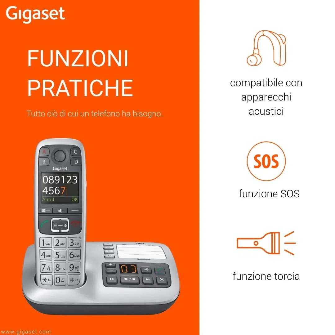 Gigaset E560A - Telefono Cordless DECT con Segreteria, Tasti Grandi, Numeri sul Display Grandi, Tastiera Illuminata, Suonerie e Audio Potenziato, Tasto SOS, Grigio [Versione Italiana]