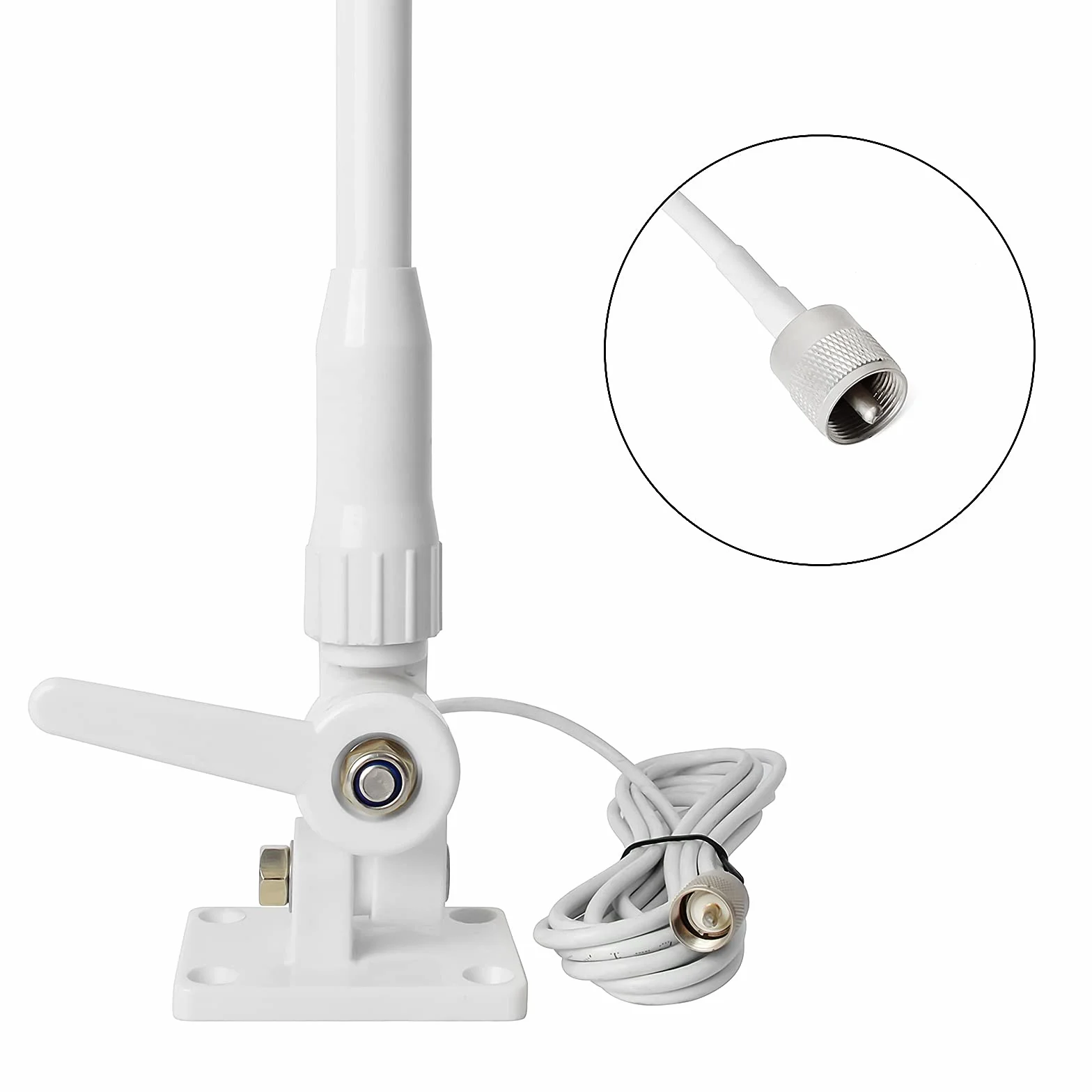 UAYESOK VHF Antena de radio marina impermeable de fibra de vidrio 1.1M Antena con 7m RG-58 Cable PL259 / Soporte de base ajustable para barco, Coche, ATV UTV (Blanco)