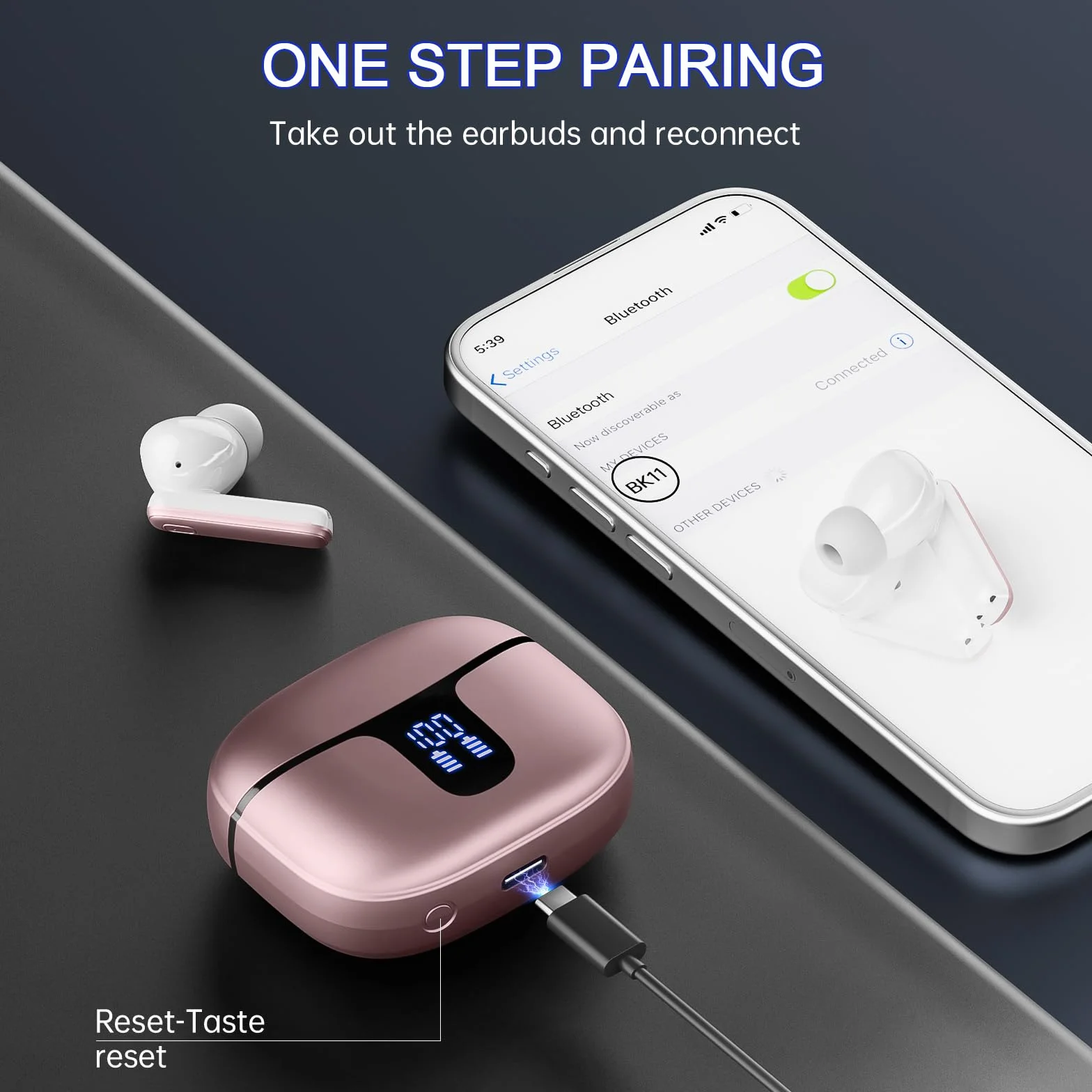 Cuffie Bluetooth, Renimer Auricolari Bluetooth 5.3 con Driver Dinamico 14.2mm Stereo, 4 ENC Mics Cancellazione Rumore Cuffie Wireless in Ear, 40 Ore Cuffiette, IP7 Impermeabile USB-C Cuffie Senza Fili