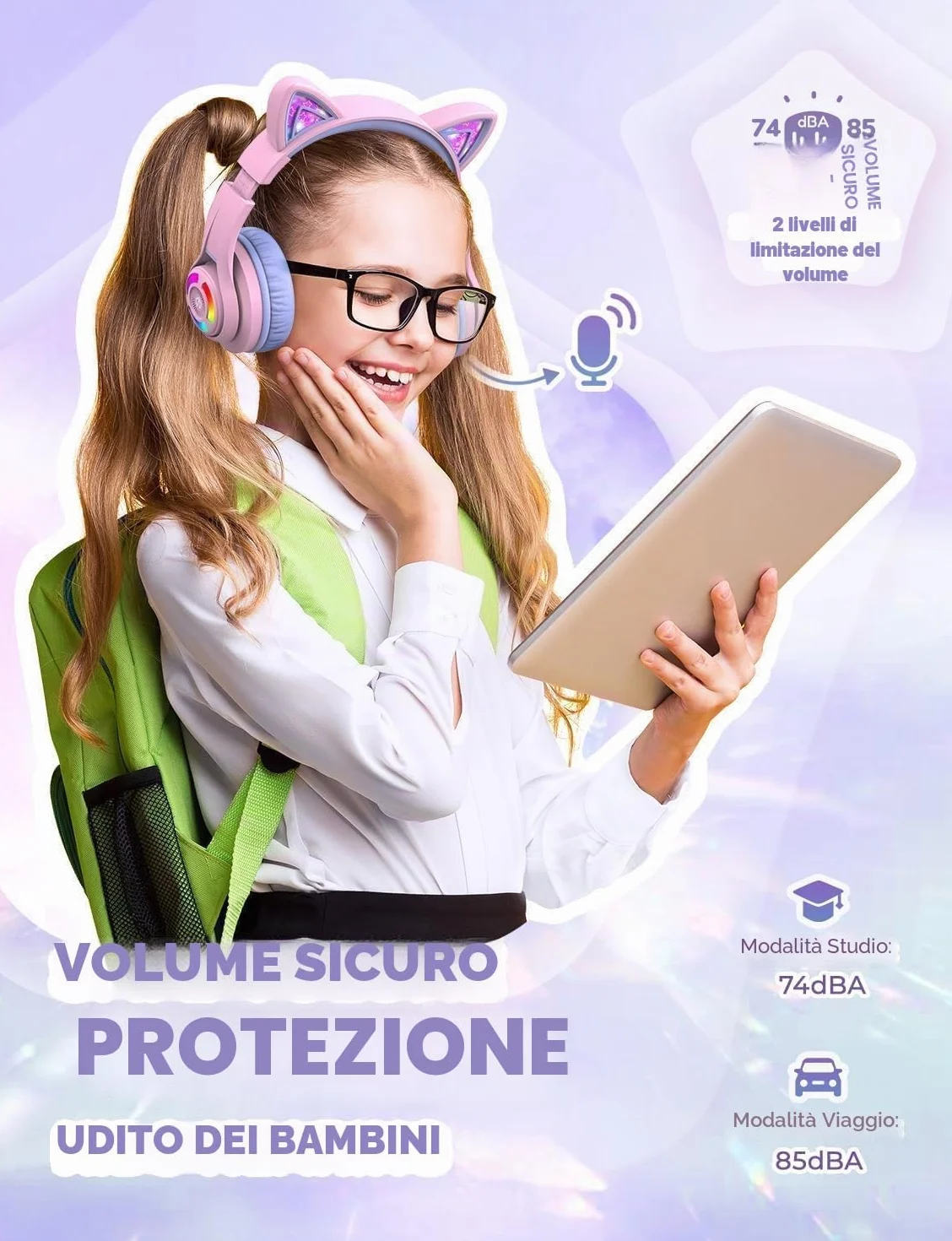 iClever Cuffie Bluetooth per Bambini, BTH13 Cat Ear LED Cuffie Wireless Bambini con Mic, 50 Ore di Riproduzione, 74/85dBA di Limitazione del Volume