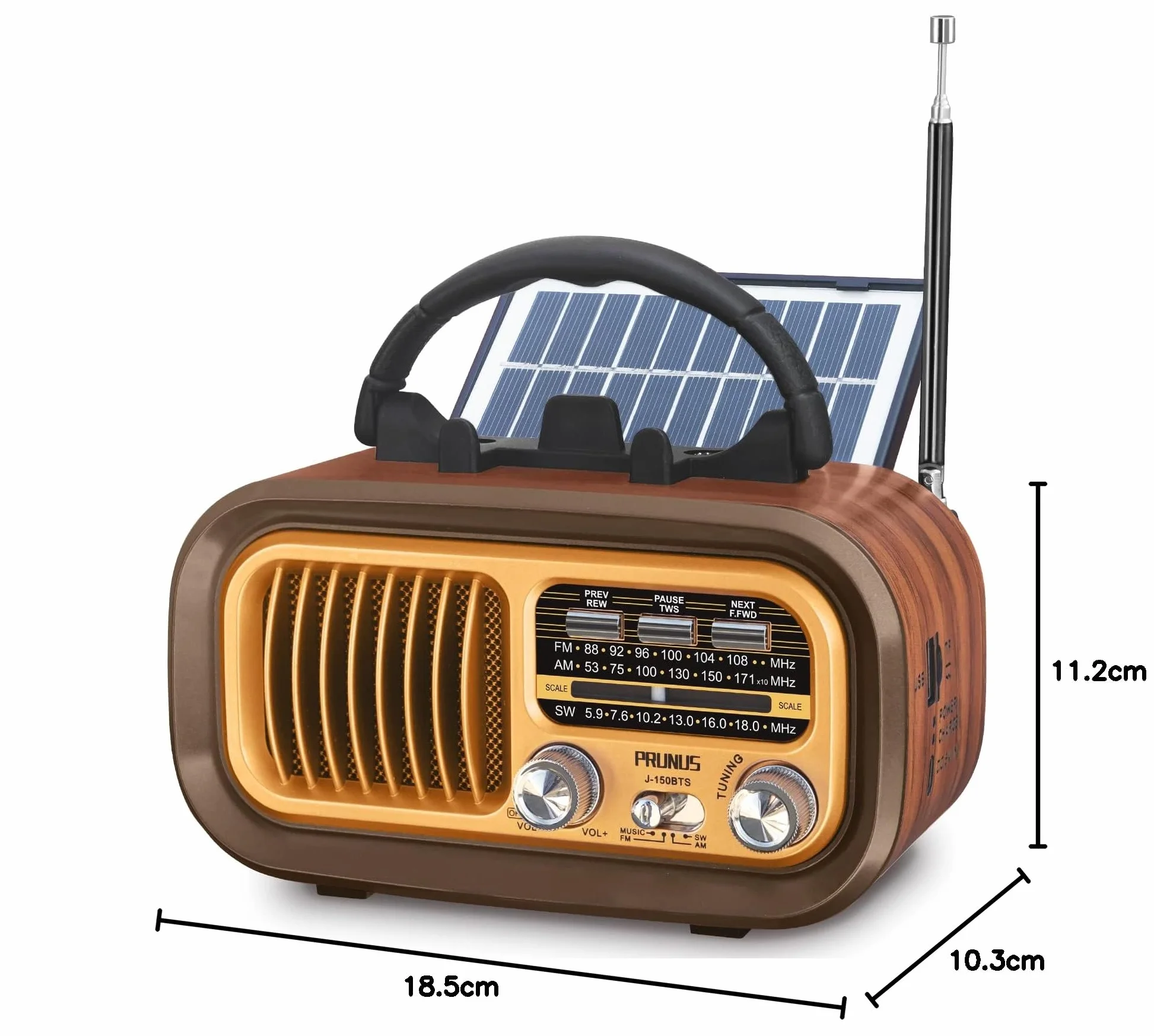 PRUNUS J-150 Radio Portatile Vintage FM/AM/SW Bluetooth Solare Ricaricabile