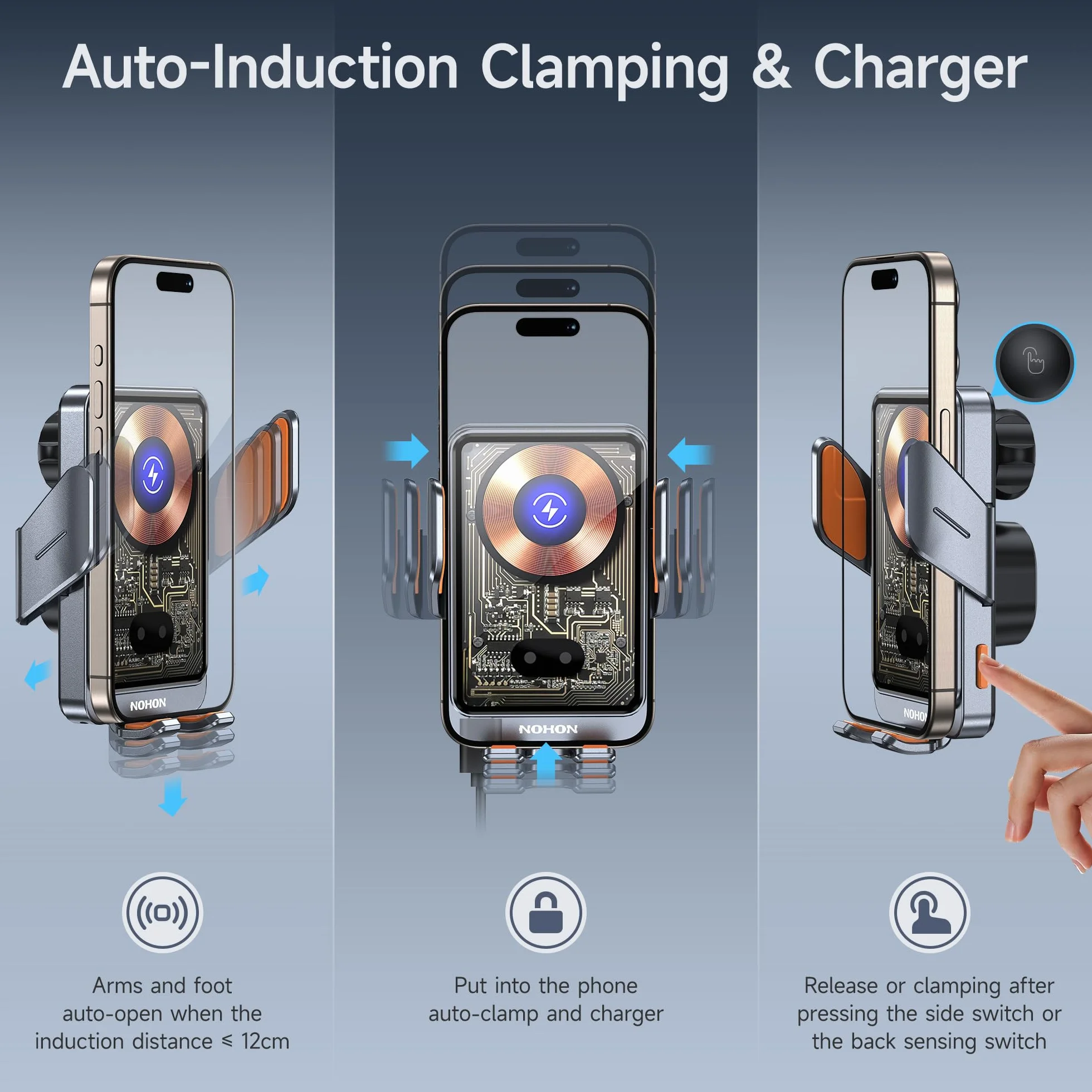 NOHON 15W Qi Caricatore Wireless Auto：Supporto Telefono Auto con Clip Ventosa per iPhone 17 16 15 14 13 12,Samsung,Xiaomi,360° Rotazione Auto-Bloccaggio Porta Cellulare Ricarica Wireless Auto