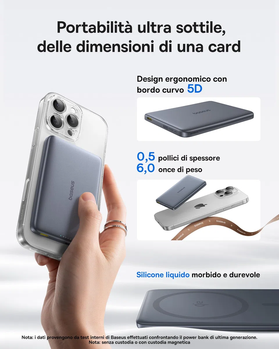 Baseus Picogo AM41 Power Bank, 10000mAh Qi2 Magsafe Powerbank 15W Wireless, Ultra Slim, Ricarica Rapida PD 27W, Magnetico Batteria Esterna per iPhone 17/16/15/14/13/12, Grigio