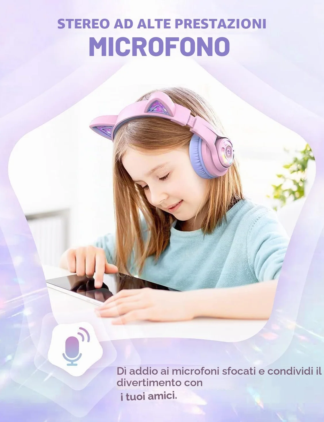 iClever Cuffie Bluetooth per Bambini, BTH13 Cat Ear LED Cuffie Wireless Bambini con Mic, 50 Ore di Riproduzione, 74/85dBA di Limitazione del Volume