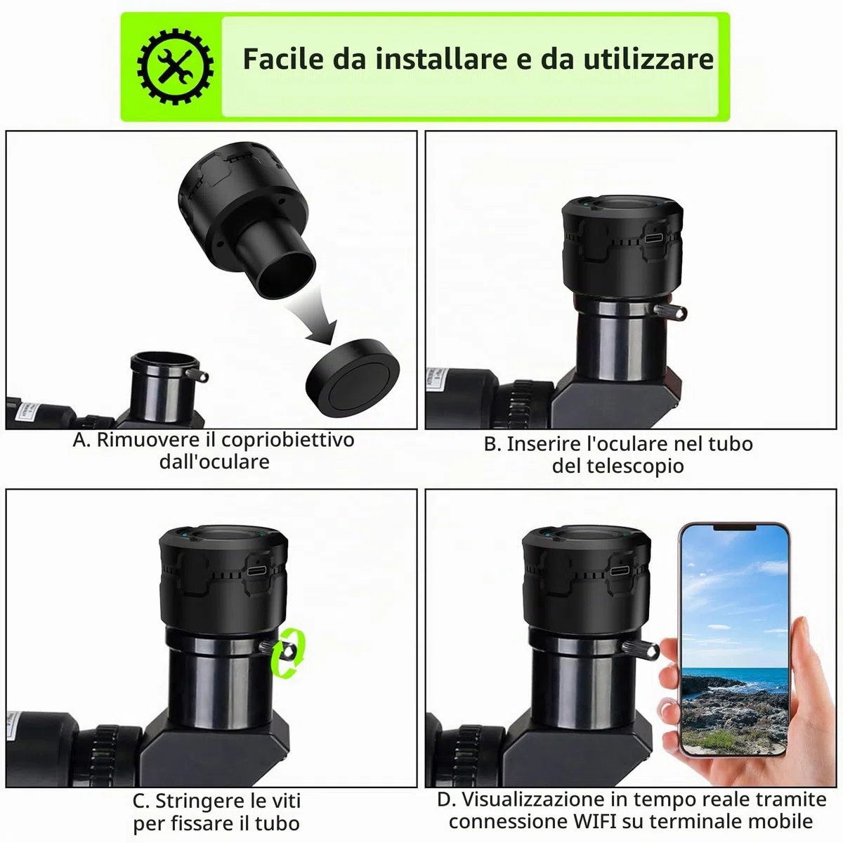 Oculare digitale WiFi wireless per fotocamera telescopio Registrazione video 4K Foto Scatto di foto Batteria integrata Oculare elettronico per telescopio