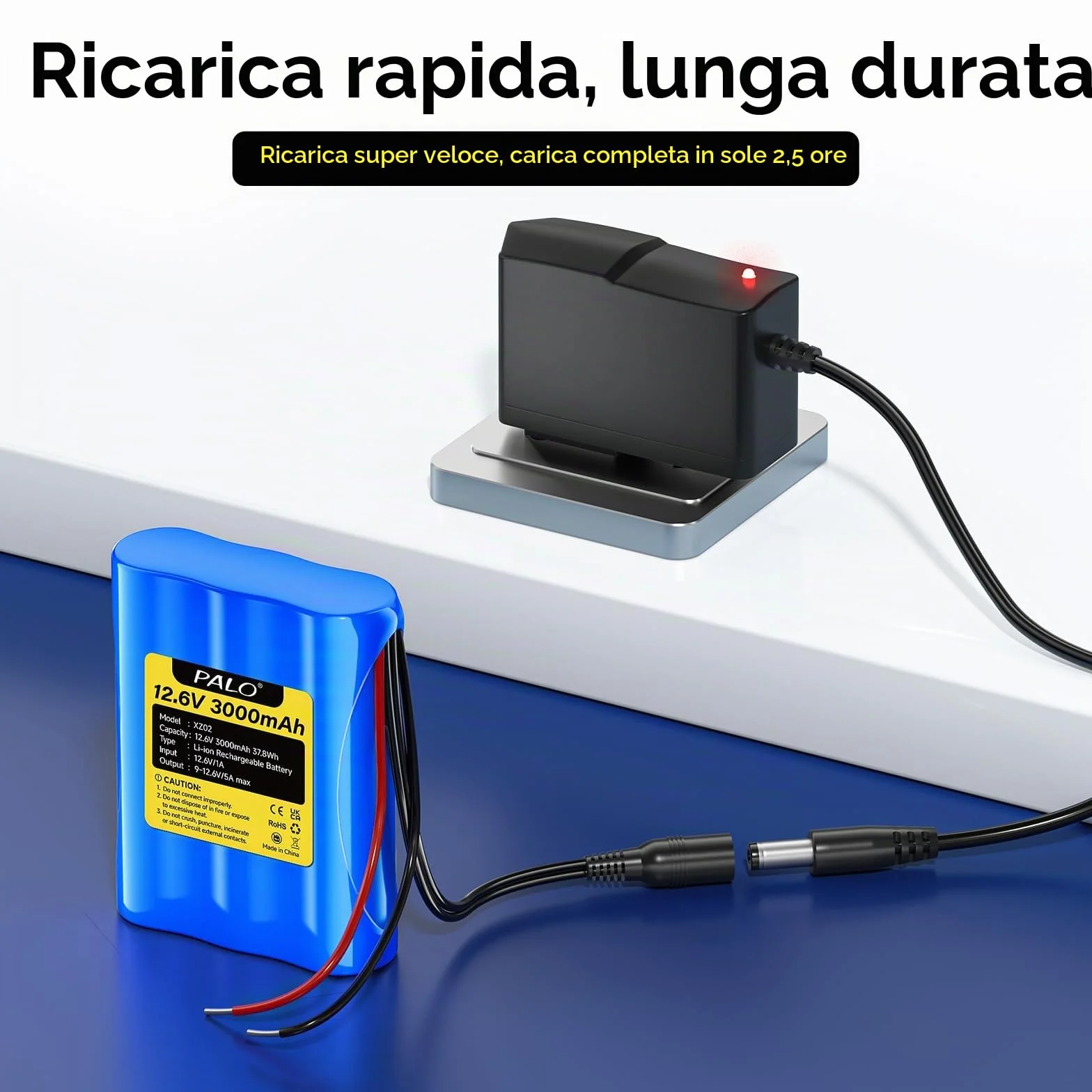 Batteria agli ioni di litio 12,6V 3000 mAh con caricabatterie e 2 linee di collegamento per pannello solare, radio, fotocamere, videocamere, lampada da lettura fai da te, telescopi, sonar