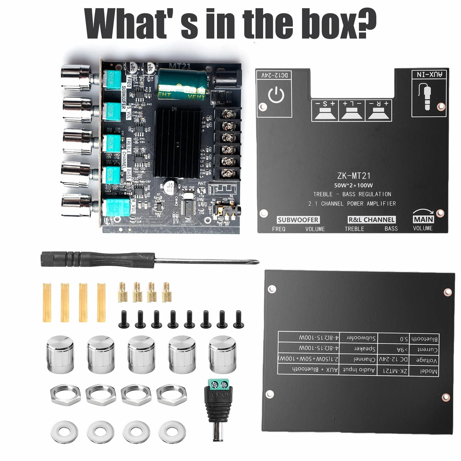Amplificatore audio HiFi: 2 x 50 W + 100 W subwoofer 2.1 canali, amplificatore scheda con Bluetooth alti e controllo dei bassi, ingressi Bluetooth e AUX, DC 12-24 V per altoparlanti passivi