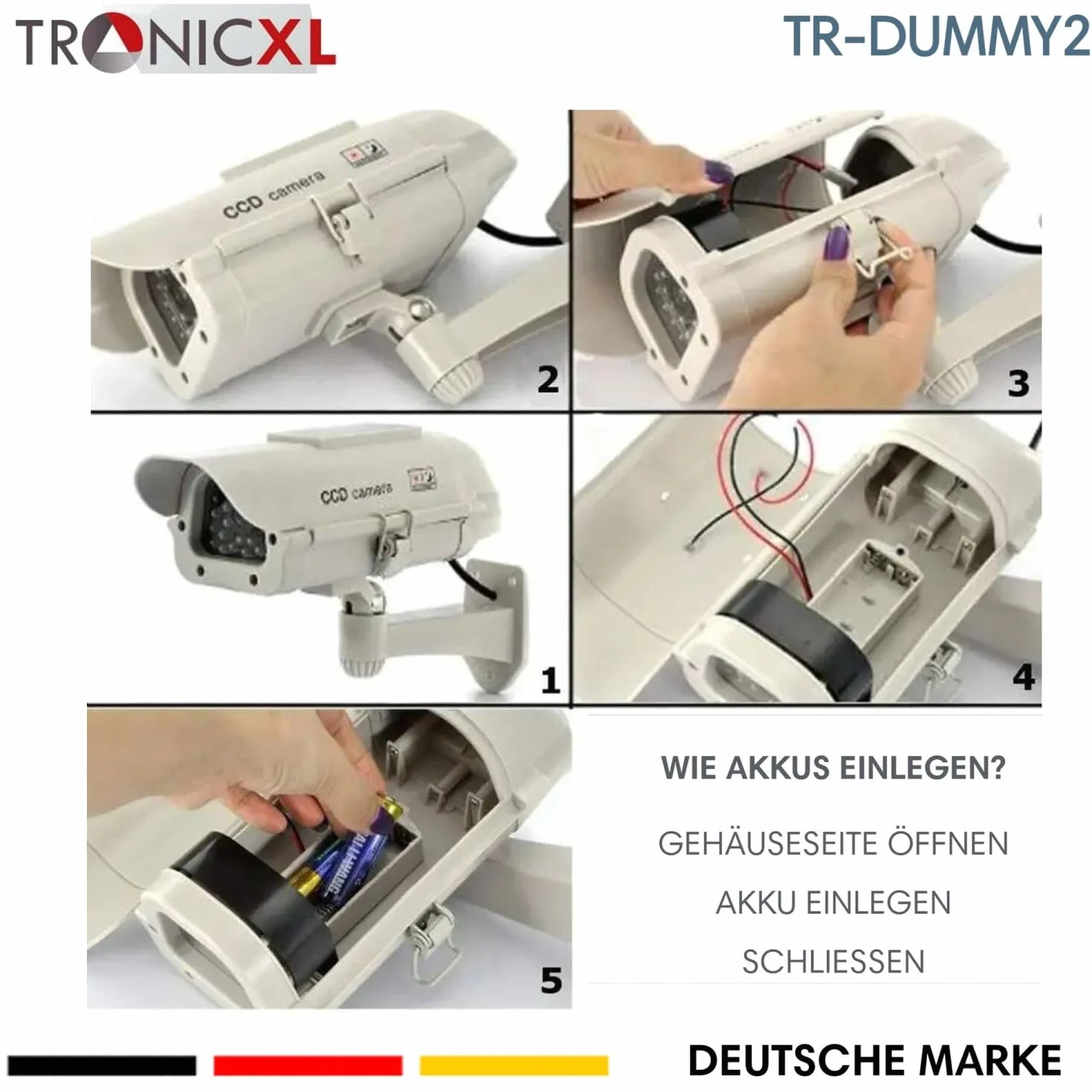 TronicXL Telecamera di sorveglianza solare di alta qualità, CCTV con LED lampeggiante, CCD professionale, per interni ed esterni