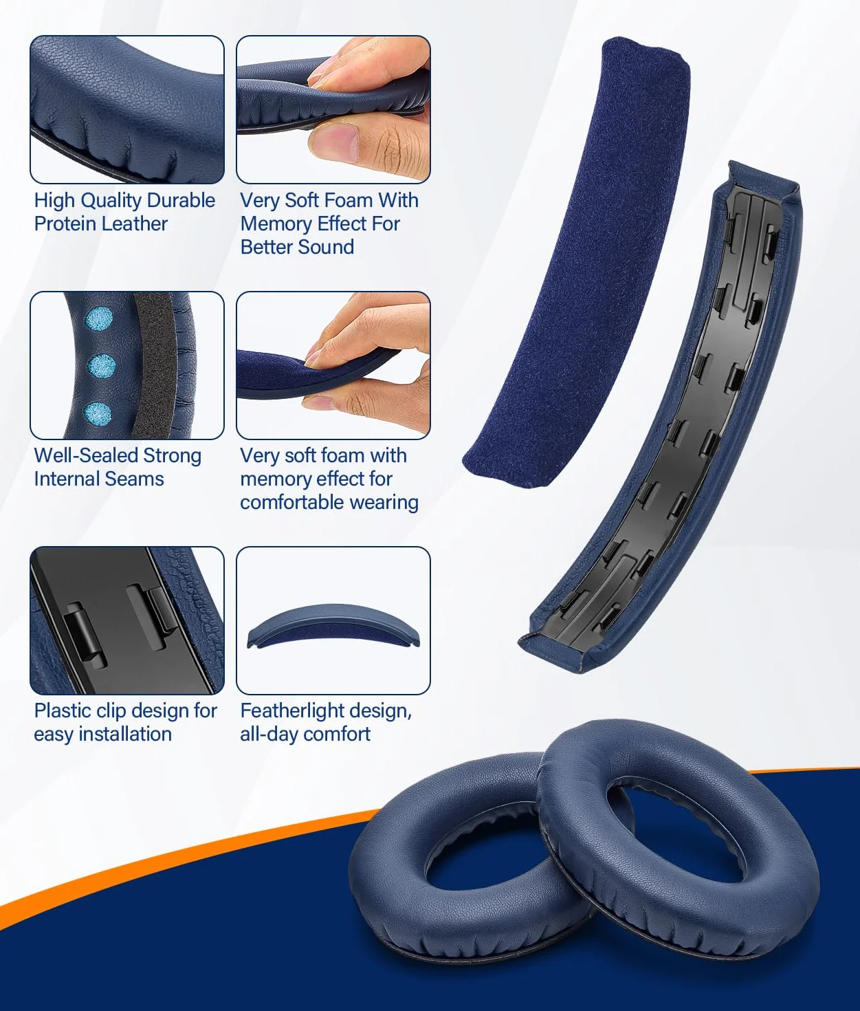 WADEO Kit di Sostituzione Cuscinetti e Archetto per Bose QC35 / QC35 II / QC35 II Gaming, Ritrova Comfort e Isolamento Acustico – Cuscinetti in Pelle Proteica