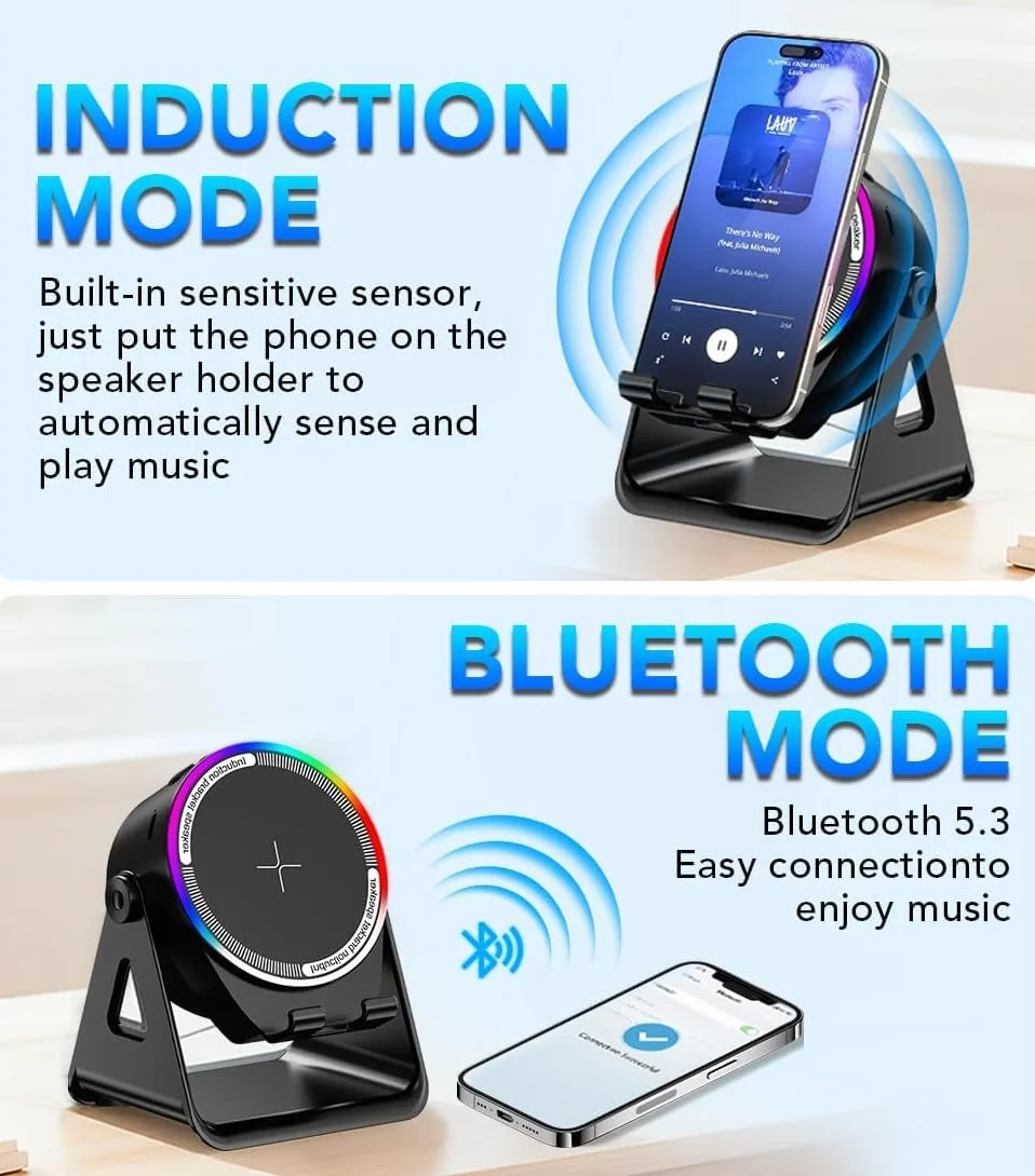 Altoparlante Bluetooth a induzione wireless 5 in 1 con supporto rotondo regolabile per telefono, altoparlante Bluetooth stereo multifunzionale, luce ambientale 8 RGB e lunga durata della