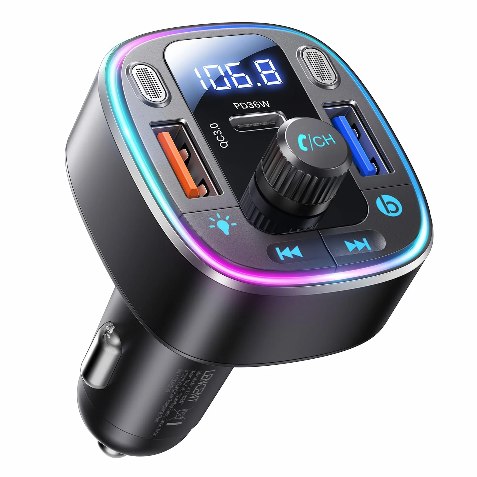 LENCENT Trasmettitore FM Bluetooth 5.4, Accendisigari Auto Radio, 54W USB Ricarica Rapida (PD 36W & QC3.0), Bluetooth FM Musica, Chiamate Vivavoce, Doppio Microfono e Chiavetta USB