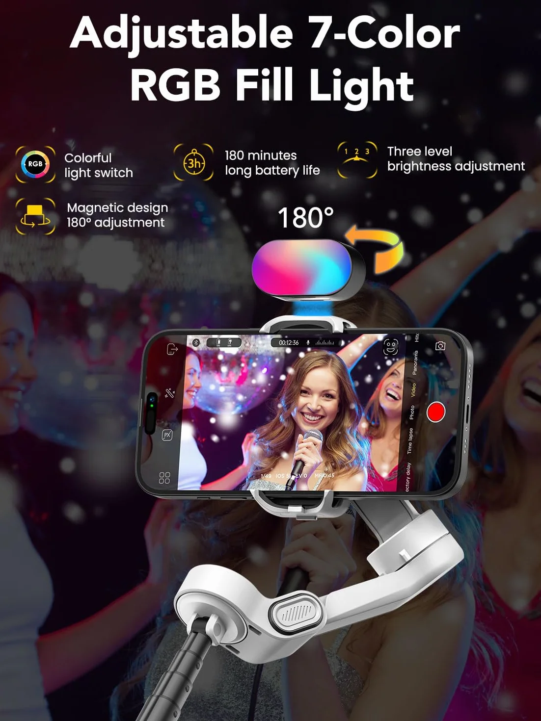AOCHUAN Smart X2 Stabilizzatore cardanico per smartphone a 3 assi con luce di riempimento RGB, asta di prolunga integrata, cardano con schermo OLED per registrazione video su iPhone, X2 KIT bianco