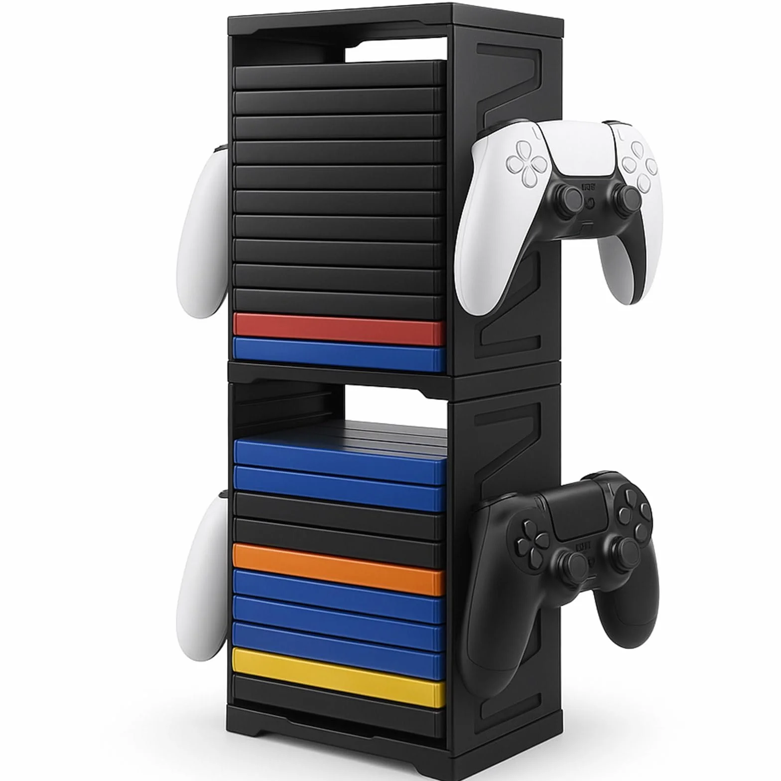 Supporto a torre di archiviazione per giochi per PS5, PS4, Xbox Series X/S, Xbox One, Switch e dischi Blu-Ray - Rack organizer per 24 dischi con controller e ganci per cuffie, salvaspazio