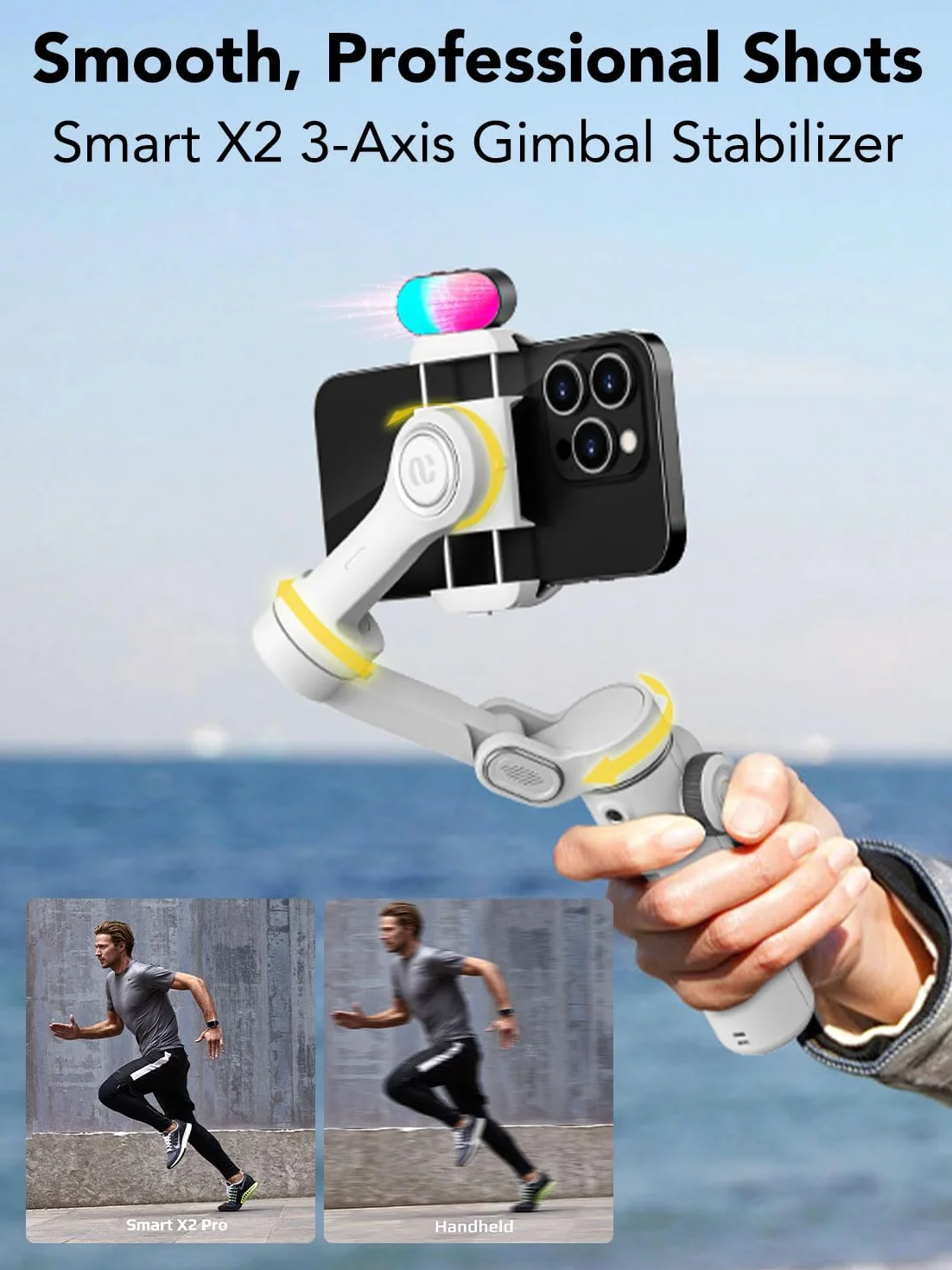 AOCHUAN Smart X2 Stabilizzatore cardanico per smartphone a 3 assi con luce di riempimento RGB, asta di prolunga integrata, cardano con schermo OLED per registrazione video su iPhone, X2 KIT bianco
