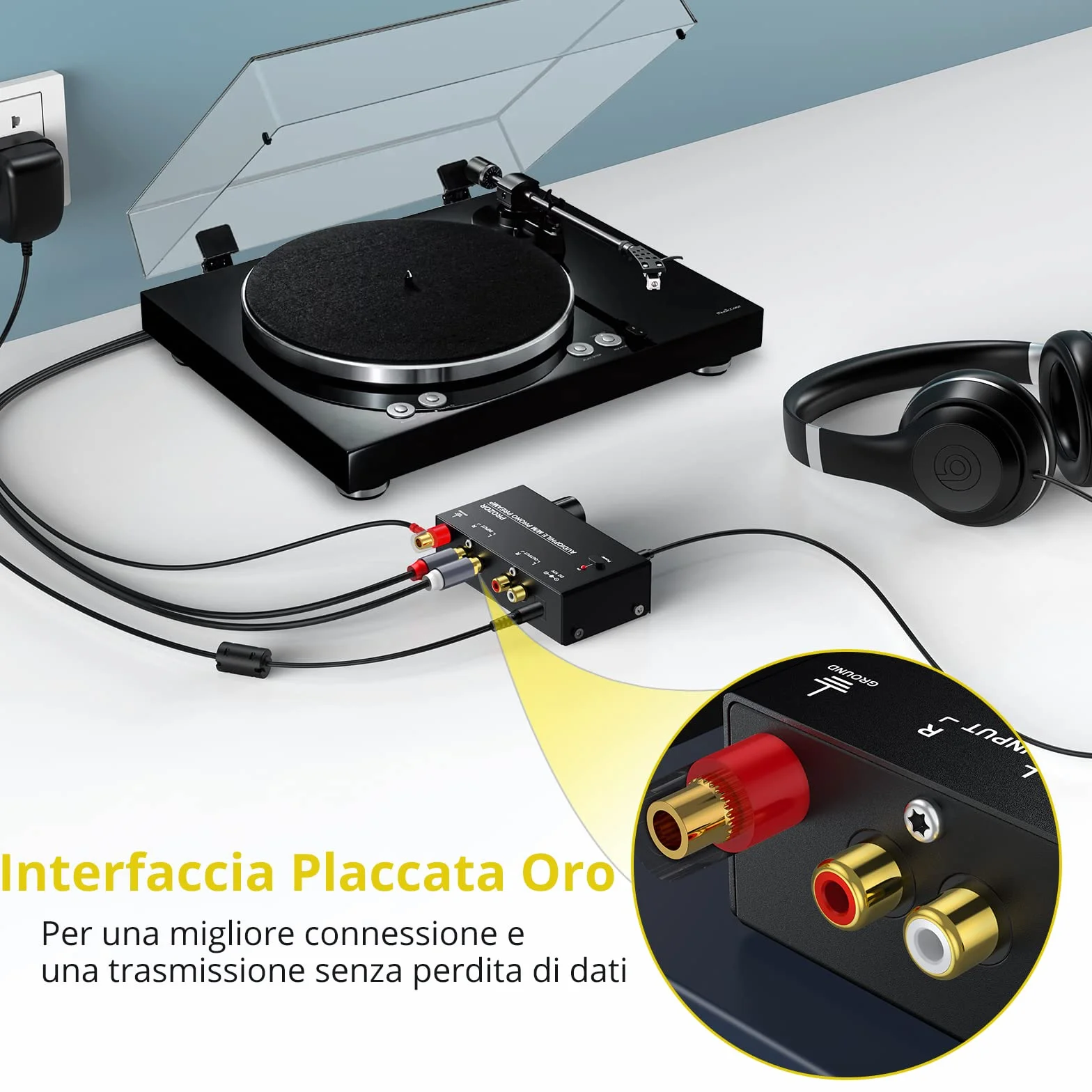 PROZOR Preamplificatore Phono Volume Regolabile Ingresso RCA Uscita RCA 1/4'' TRS PreAmp Audiophile Giradischi Nero