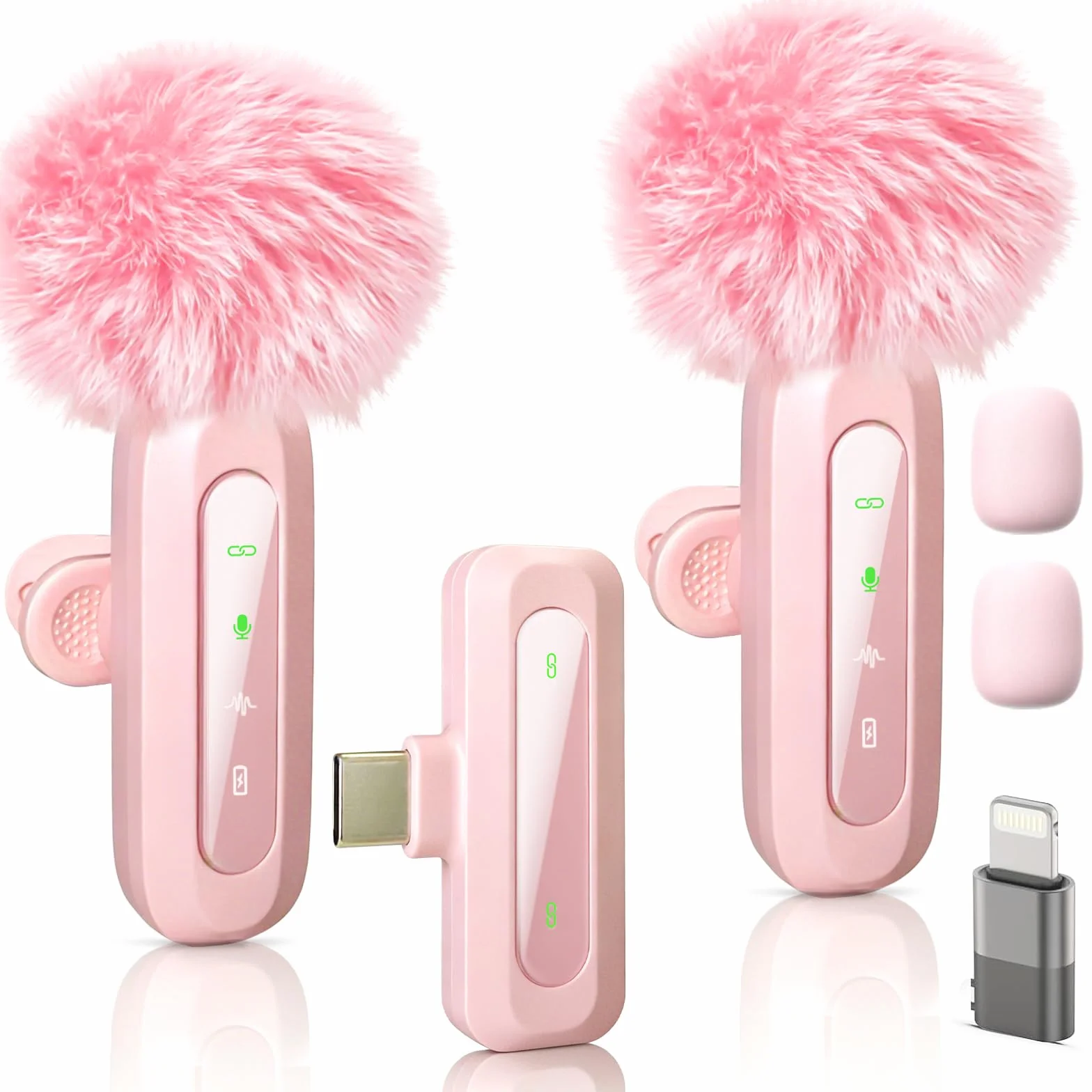 Microfono rosa per iPhone e connettore USB-C, microfono lavalier con cancellazione del rumore, display a LED e clip girevole, ideale per vlog, TikTok e creazione di contenuti