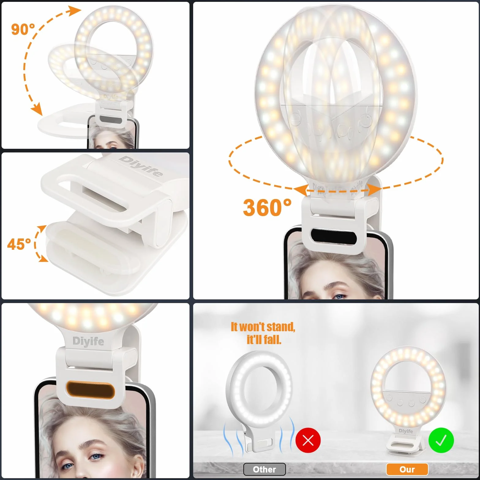 Selfie Ring Light, [1000mAh-Batteria A Lunga Durata]] Diyife Ring Light Telefono, 60 LED 360° Regolabile Clip Luce per Selfie, 10 Livelli di Luminosità, 3 Colori per Tiktok, Live Stream, Trucco
