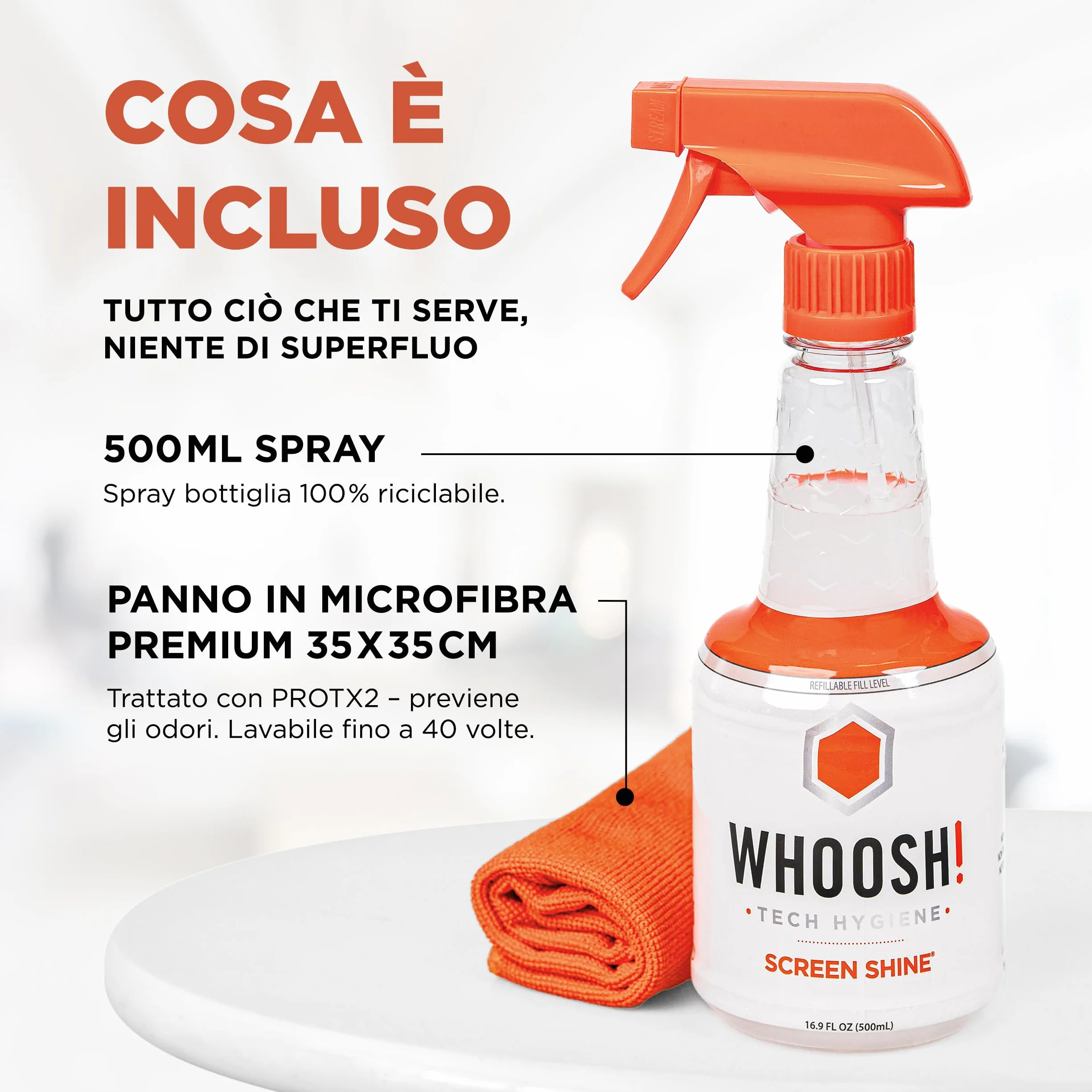 WHOOSH! Screen Shine Pro Spray 500 ml Pulizia Schermo TV OLED Detergente Ricaricabile Senza Aloni Kit Panno Microfibra
