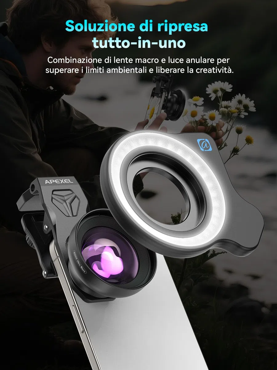 APEXEL 100Ultra Macro Obiettivo con Luce ad Anello, Versione Migliorata dell'Obiettivo per iPhone Samsung, Pixel