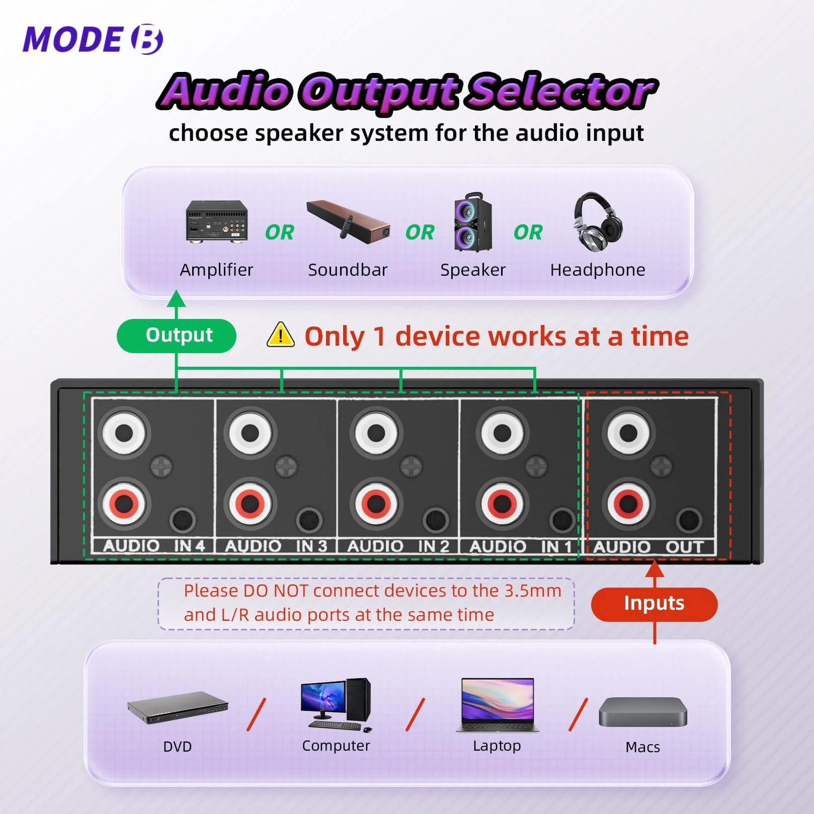 Interruttore audio AUX + RCA L/R da 3,5 mm, 4 in 1 uscita, bidirezionale, selettore audio stereo BolAAzuL 4 x 1 passivo a/b analogico, nessun bisogno di alimentazione