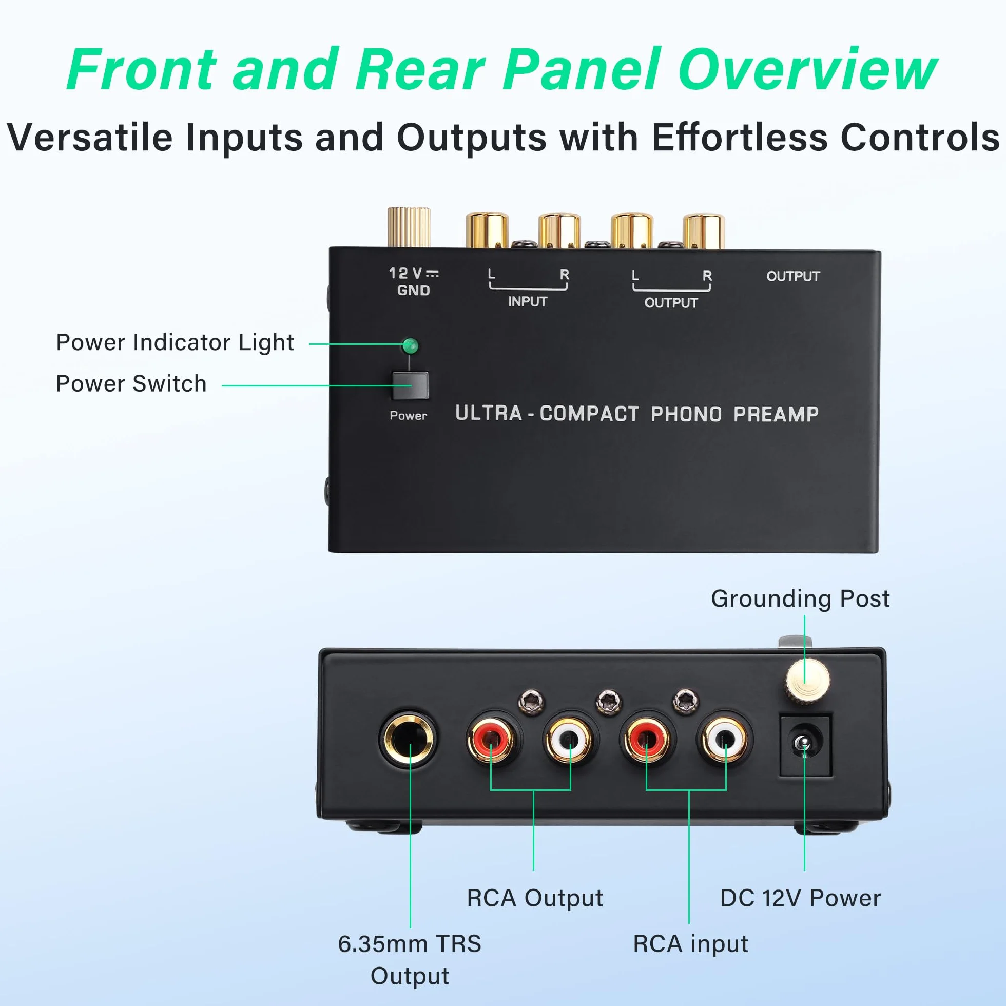 SinLoon PP400P Phono Preamp z podwójnym wyjściem RCA i ¼ cala, przełącznik zasilania, niski poziom szumów, czarny
