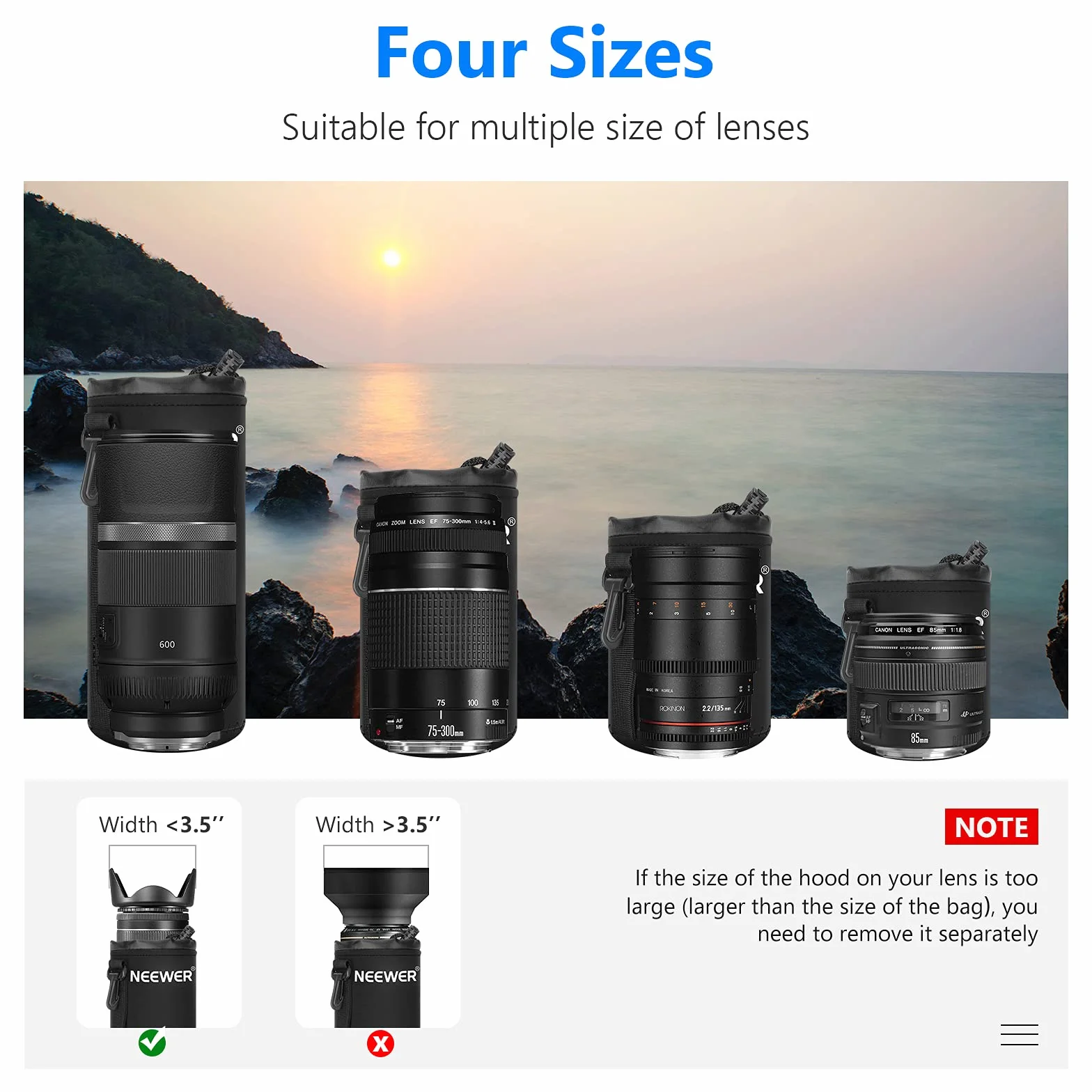 Neewer Lens Case 4-Pack, Lens Pouch Bag with Thick Protective Neoprene for DSLR Camera Lens (Fit for Canon, Nikon, Sony, Olympus, Panasonic) Includes: Small, Medium, Large, XL Size