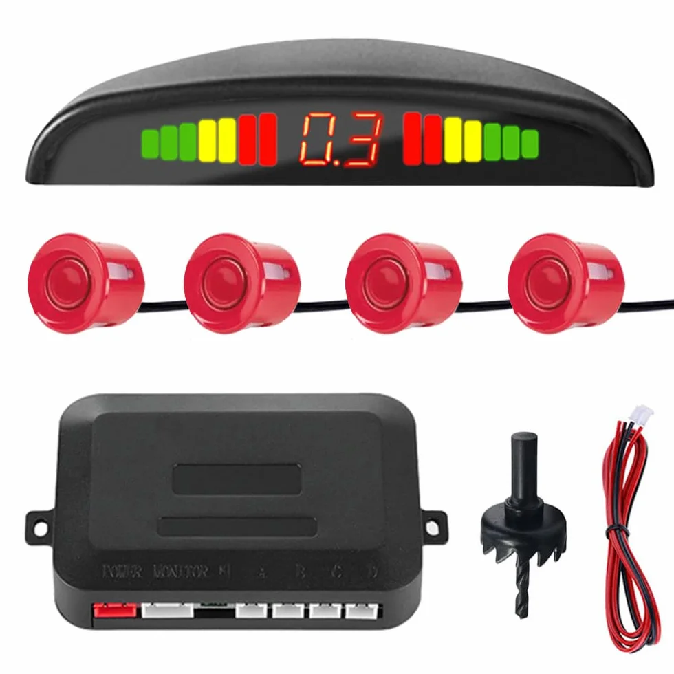 Auto Sensori di Parcheggio 4 Sensore Posteriore Parcheggio Kit Sistema Radar Parcheggio in Retromarcia Allarme Sonoro Distanza LED Display Radar Inverso Rosso