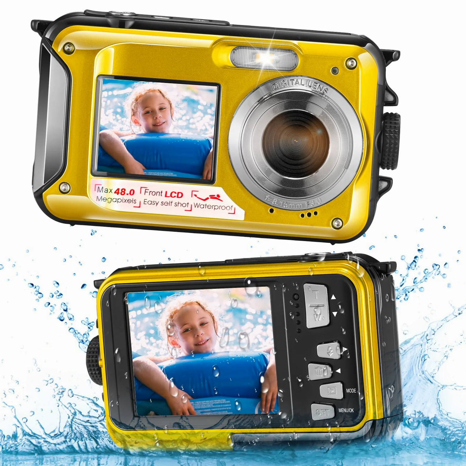 Macchina Fotografica Subacquea, Zoom Digitale 16X, Fotocamera Full HD 2.7K 48MP, Impermeabile Giallo