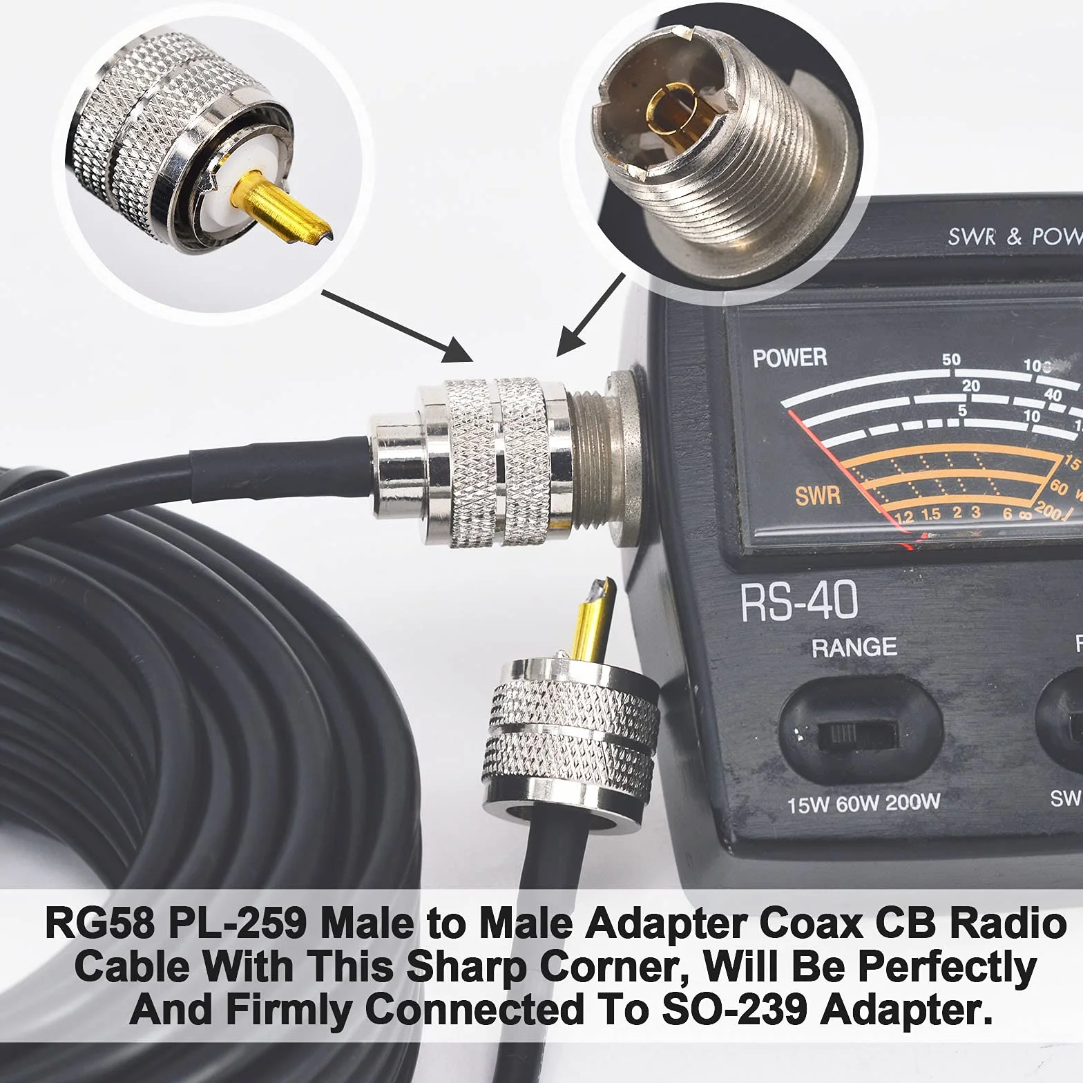 Cavo Antenna CB 15M/49,2ft UHF PL259 SO239 Maschio a Maschio Bassa Perdita RG58 VHF Marine Cavo Coassiale per HAM Radio, Antenna Analyzer, Dummy Load, SWR Meter, Broadcast