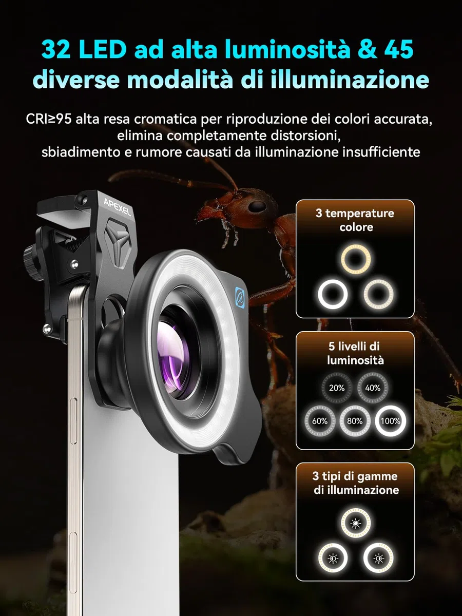 APEXEL 100Ultra Macro Obiettivo con Luce ad Anello, Versione Migliorata dell'Obiettivo per iPhone Samsung, Pixel