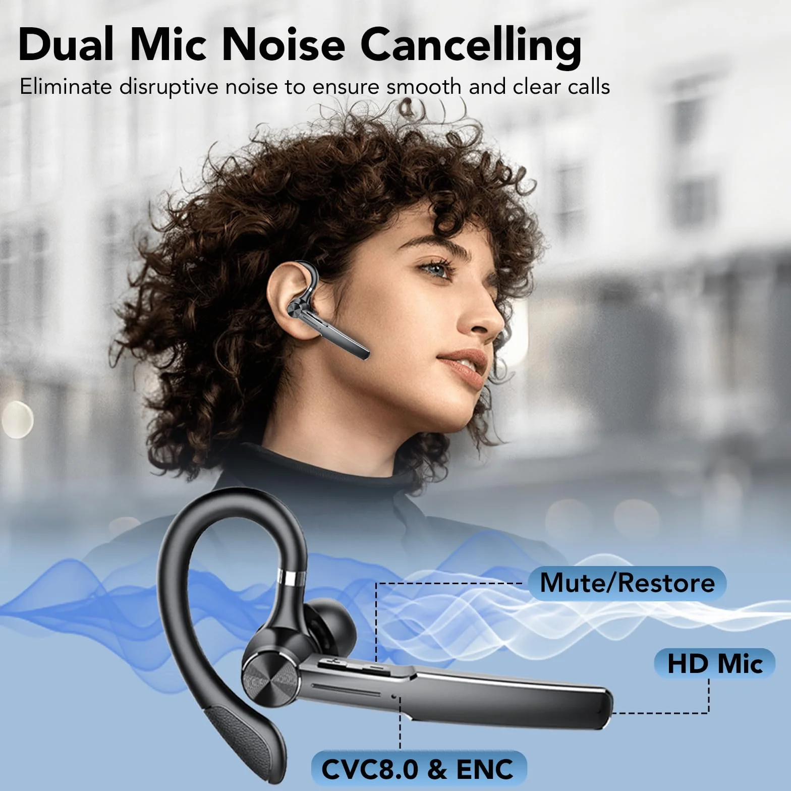 Auricolari Bluetooth V5.3, Auricolare Bluetooth Singolo con HD CVC8.0, Auricolare con 110 Ore, 4 Mics Cuffie Bluetooth Singolo con Funzione di Riduzione del Rumore, IPX7 Impermeabile/Guida/Lavoro/Nero