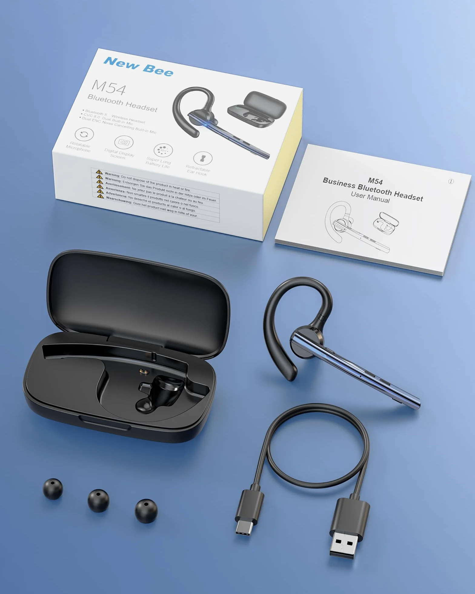 New Bee Auricolare Bluetooth Singolo V5.1 con 72 Ore di Conversazione CVC8.0 Auricolari Bluetooth Mono con Doppio Microfono con Custodia di ricarica a LED per iPhone, Android e Laptop