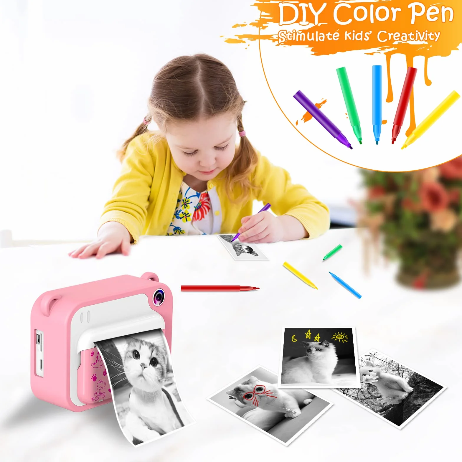 Macchina fotografica digitale per bambini, macchina fotografica istantanea di stampa per ragazze, schermo da 2.0 pollici, 3 rotoli di carta da stampa, mini giocattolo ricaricabile per bambini (rosa)
