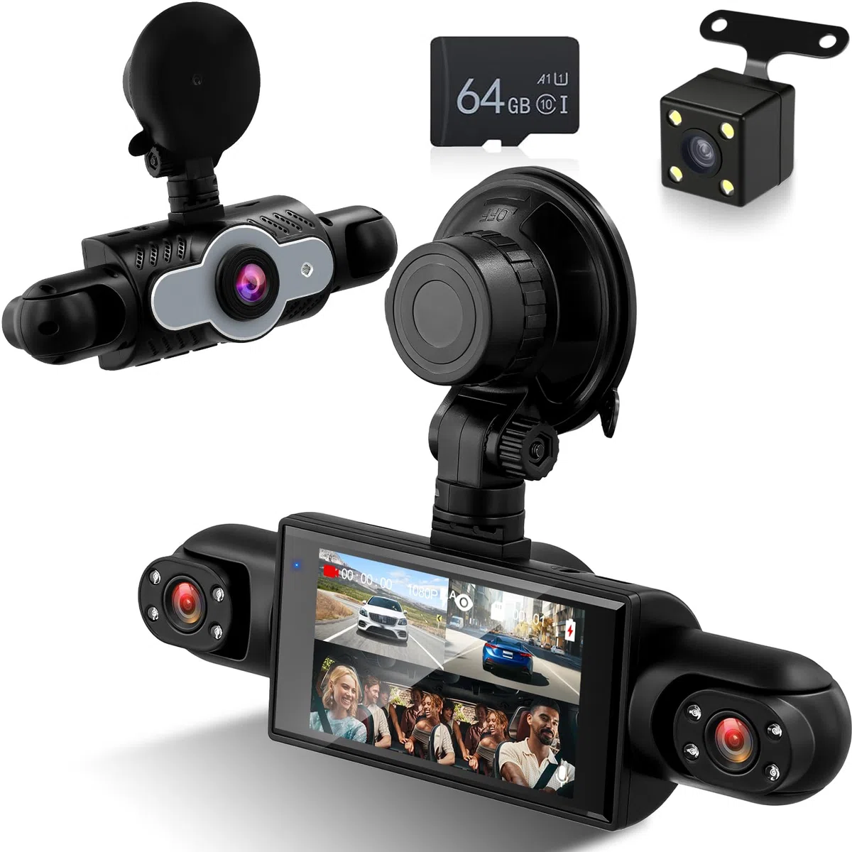 NHOPEEW 3 pollici 1080P 4 canali dash cam per auto, DVR 360°, Dash Cam con rilevamento del movimento, visione notturna, registrazione in loop e compensazione dell'esposizione