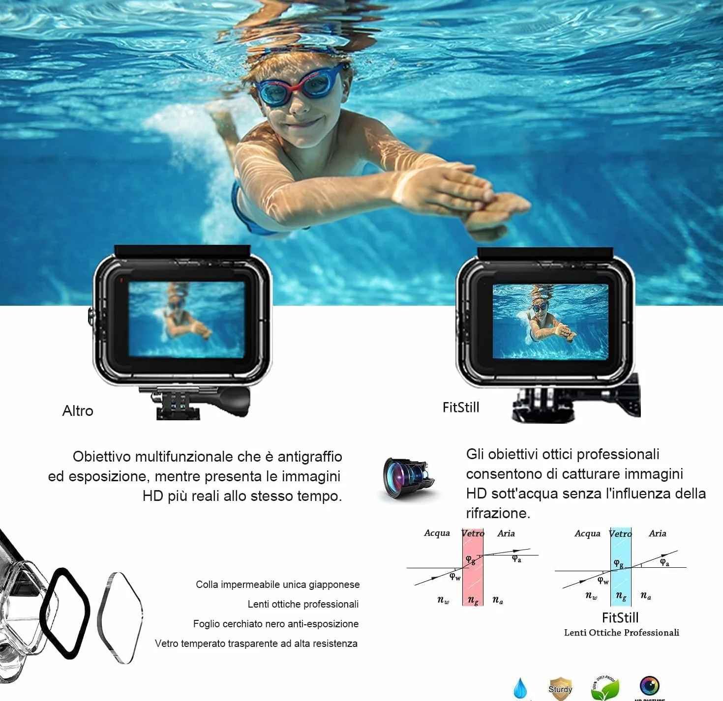 FitStill Custodia impermeabile 60M/196FT per Go Pro Hero 13/Hero 12/Hero 11/Hero 10/Hero 9 Black, custodia protettiva subacquea con accessori per fotocamera Go Pro Hero 13/12/11/10/9 Action camera