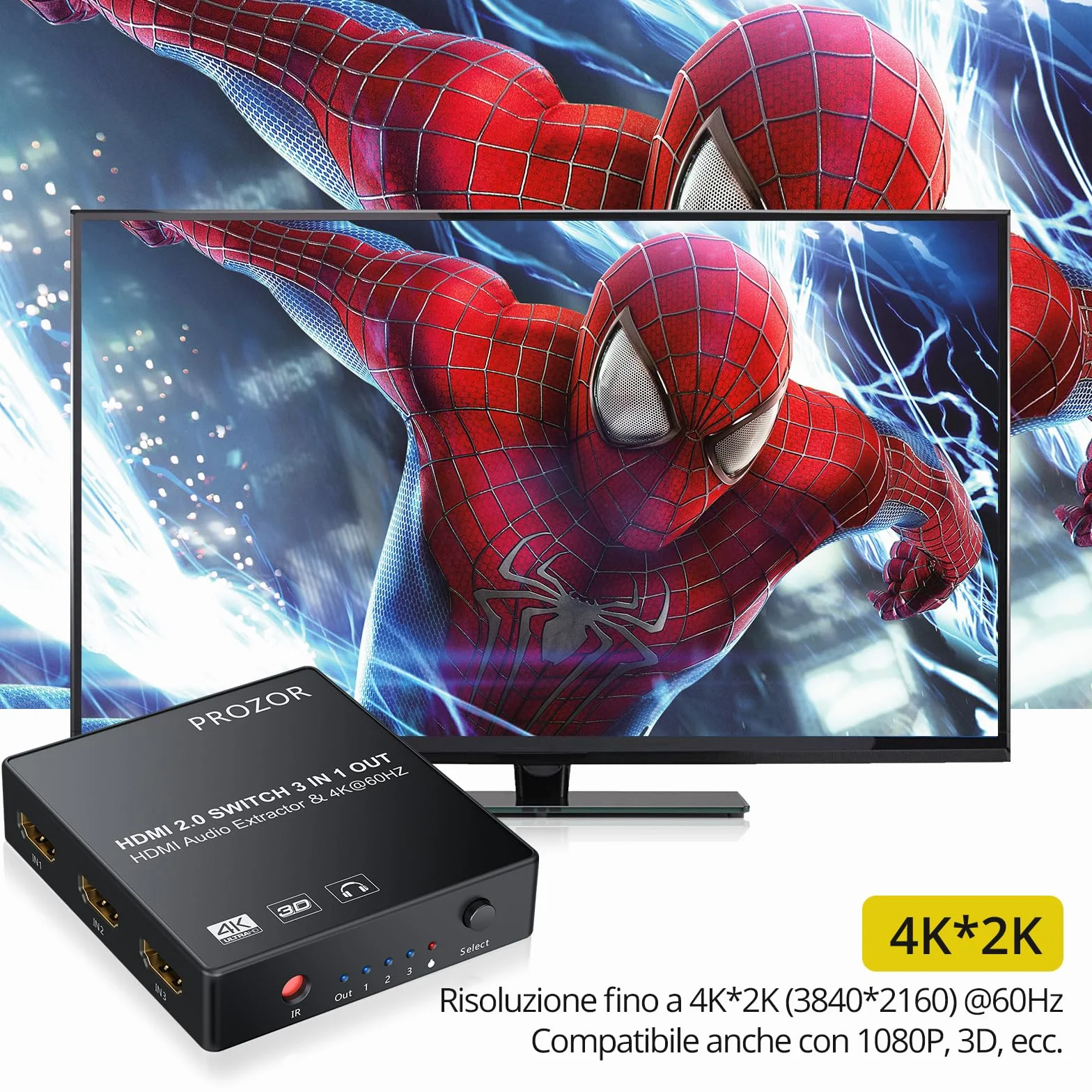 PROZOR HDMI Switch 3 Ingressi 1 Uscita con Estrattore Audio Uscita Analogico Ottico Toslink SPDIF 4K 3D HDMI Convertitore per Blu-ray DVD Player Satellite Box PS3 PS4 Apple TV PC HD Camera DVR